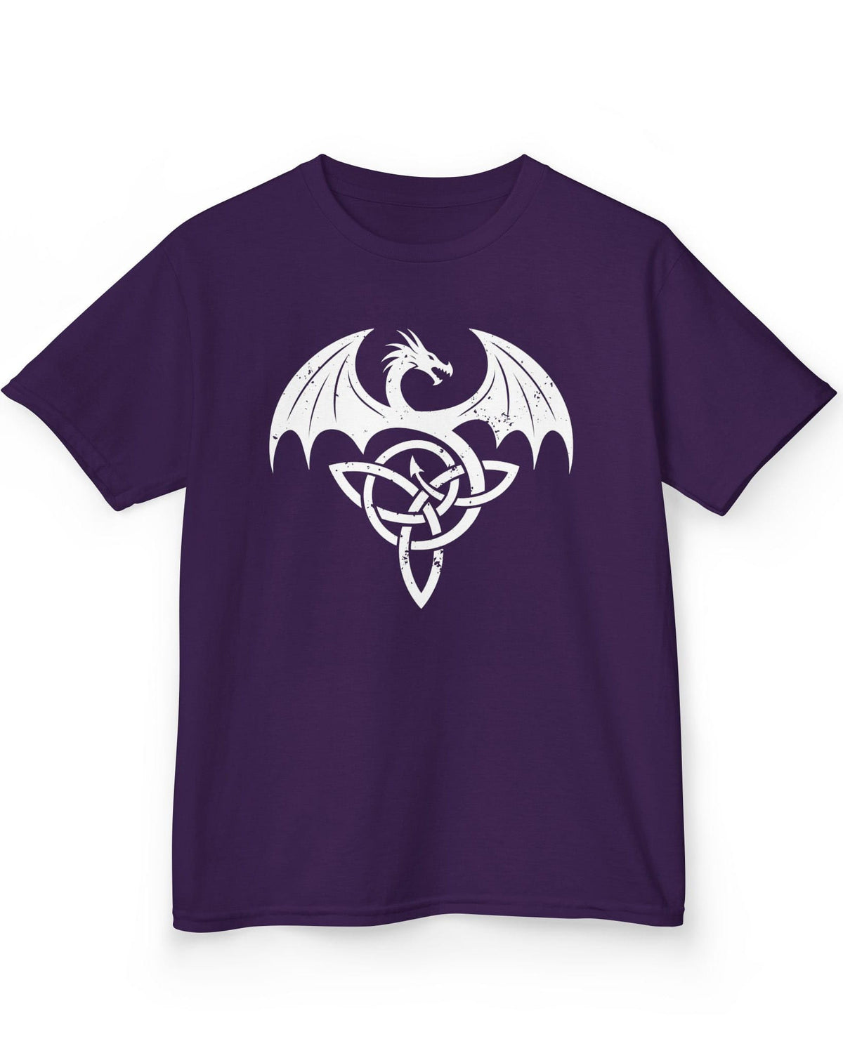 Winged Serpent Sigil shirt in purple, featuring a distressed dragon emblem entwined with a Celtic knot.