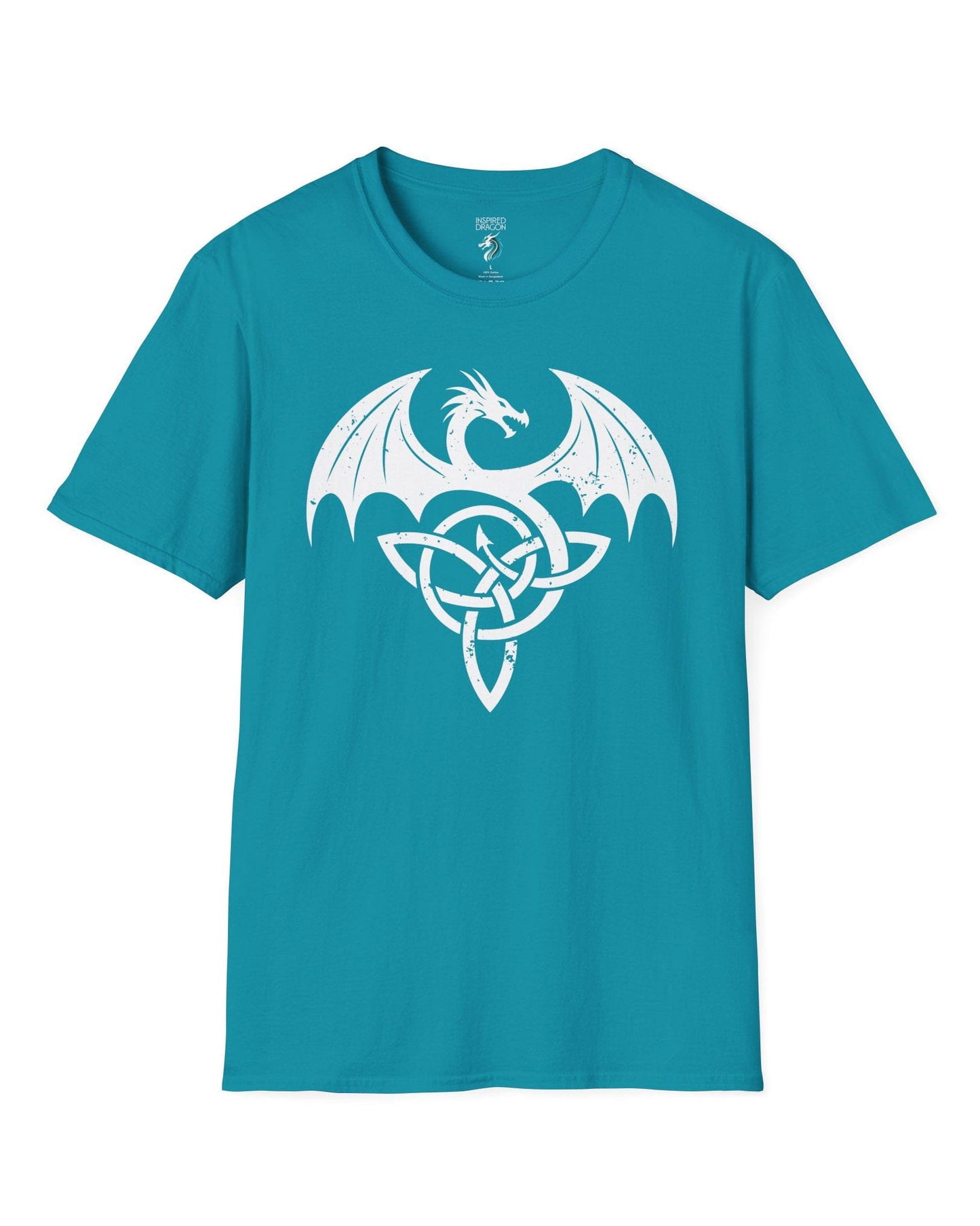 Winged Serpent Sigil shirt in tropical blue, featuring a distressed dragon emblem entwined with a Celtic knot.
