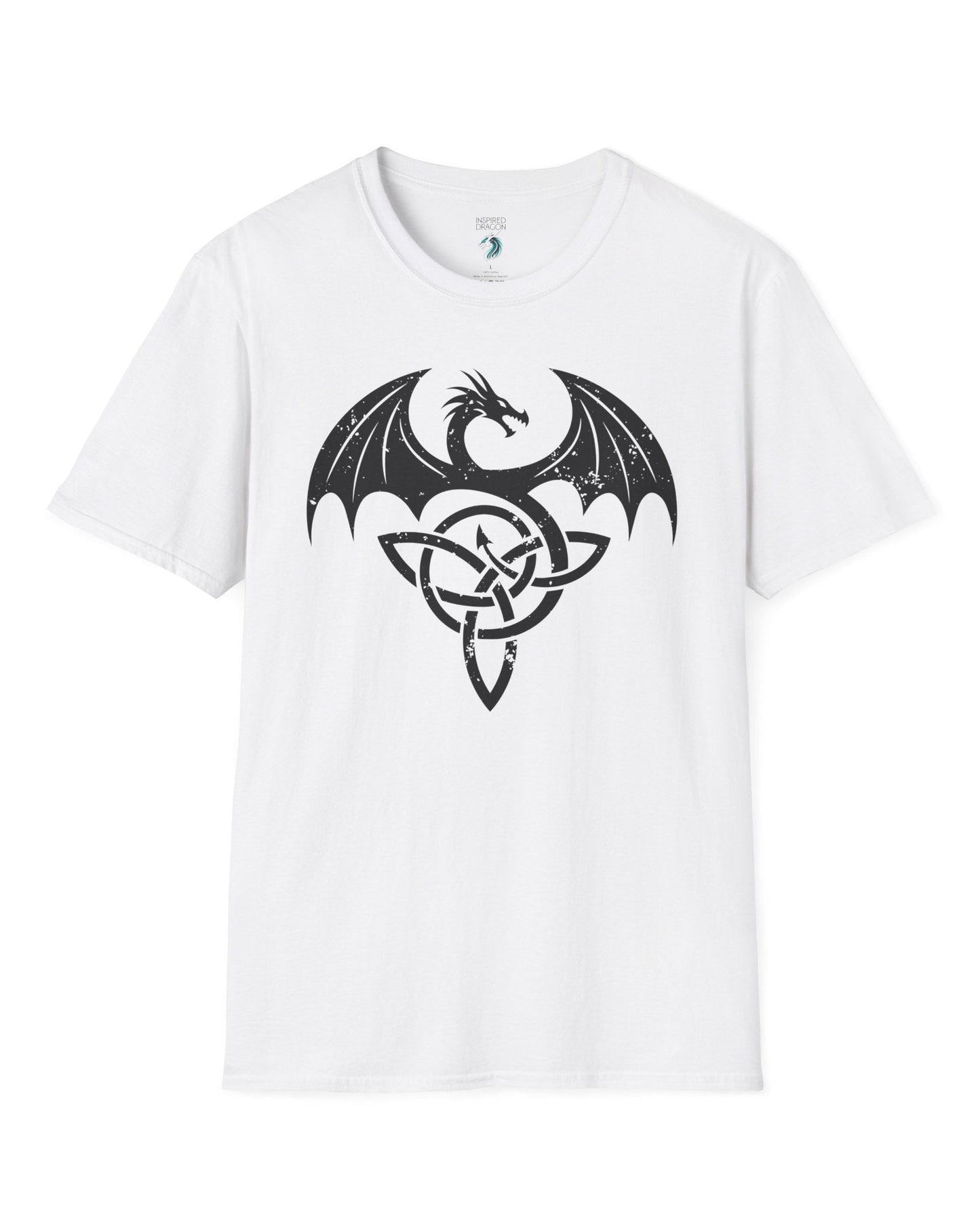 Serpent Sigil shirt in white, featuring a distressed dragon emblem entwined with a Celtic knot.