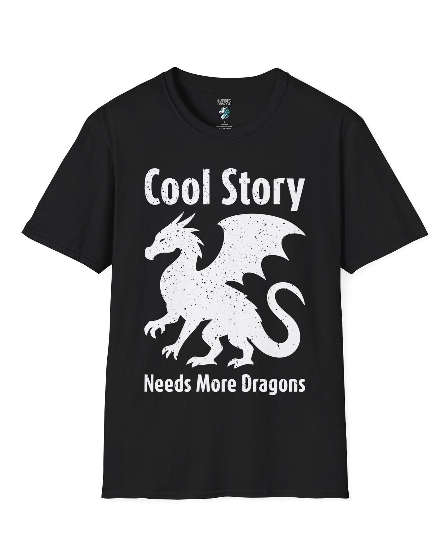Cool Story, Needs More Dragons shirt in black featuring a distressed dragon silhouette with text above and below.