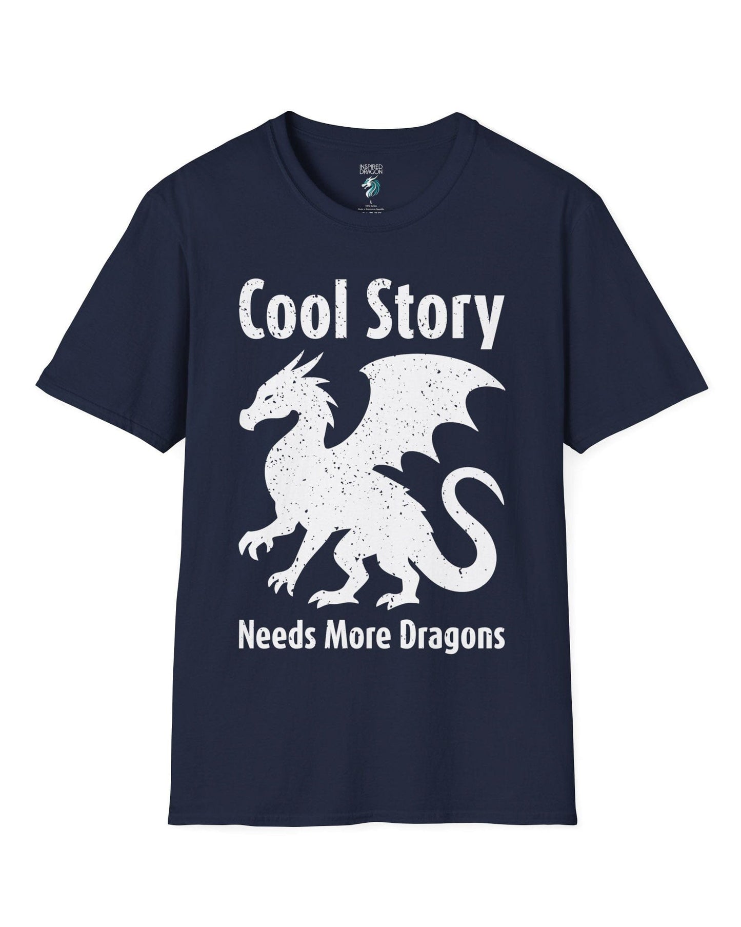 Cool Story, Needs More Dragons shirt in navy featuring a distressed dragon silhouette with text above and below.