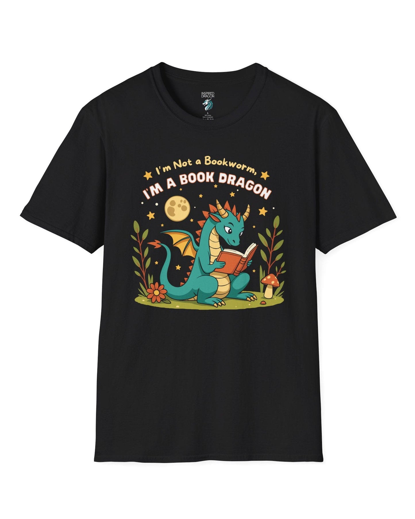 I'm a Book Dragon shirt in black featuring a teal dragon reading under the moonlight with plants and mushrooms.