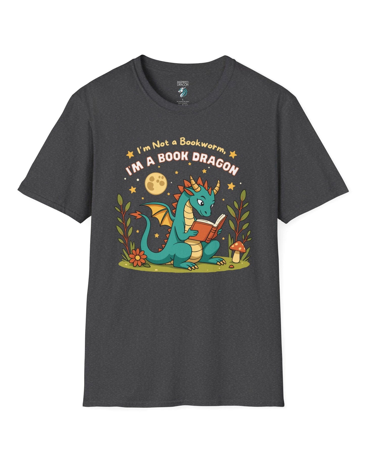 I'm a Book Dragon shirt in dark heather grey featuring a teal dragon reading under the moonlight with plants and mushrooms.