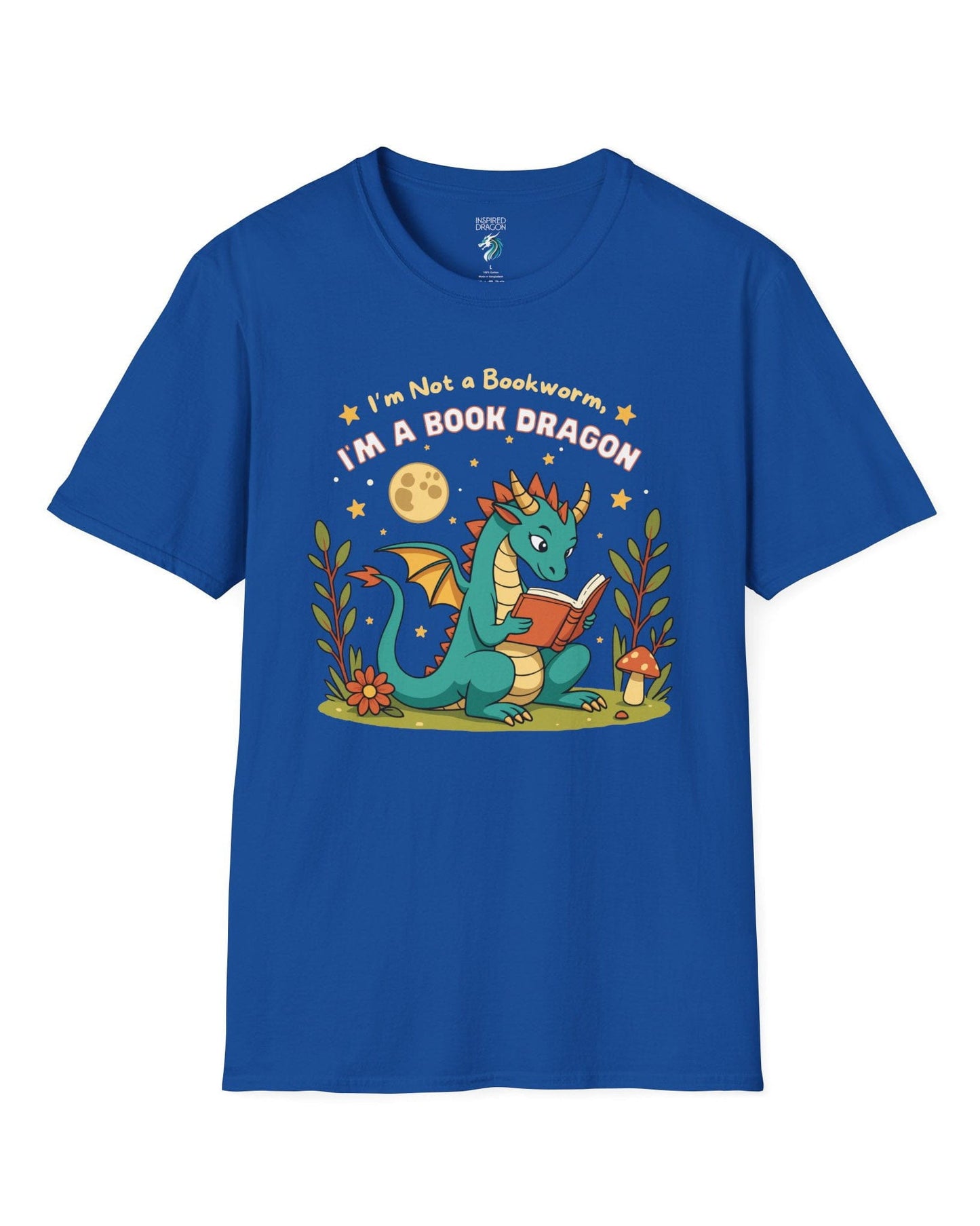 I'm a Book Dragon shirt in royal blue featuring a teal dragon reading under the moonlight with plants and mushrooms.