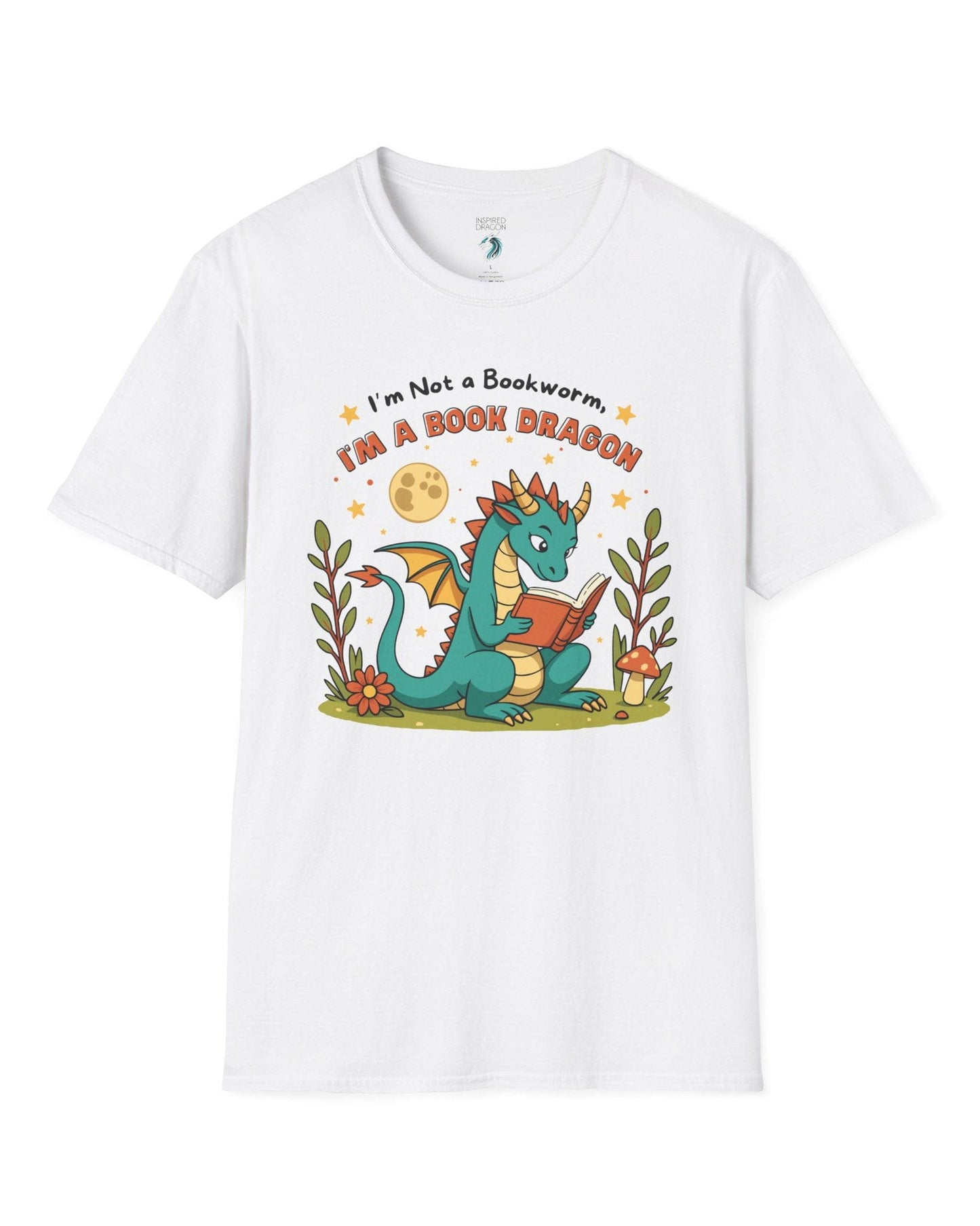 I'm a Book Dragon shirt in white featuring a teal dragon reading under the moonlight with plants and mushrooms.