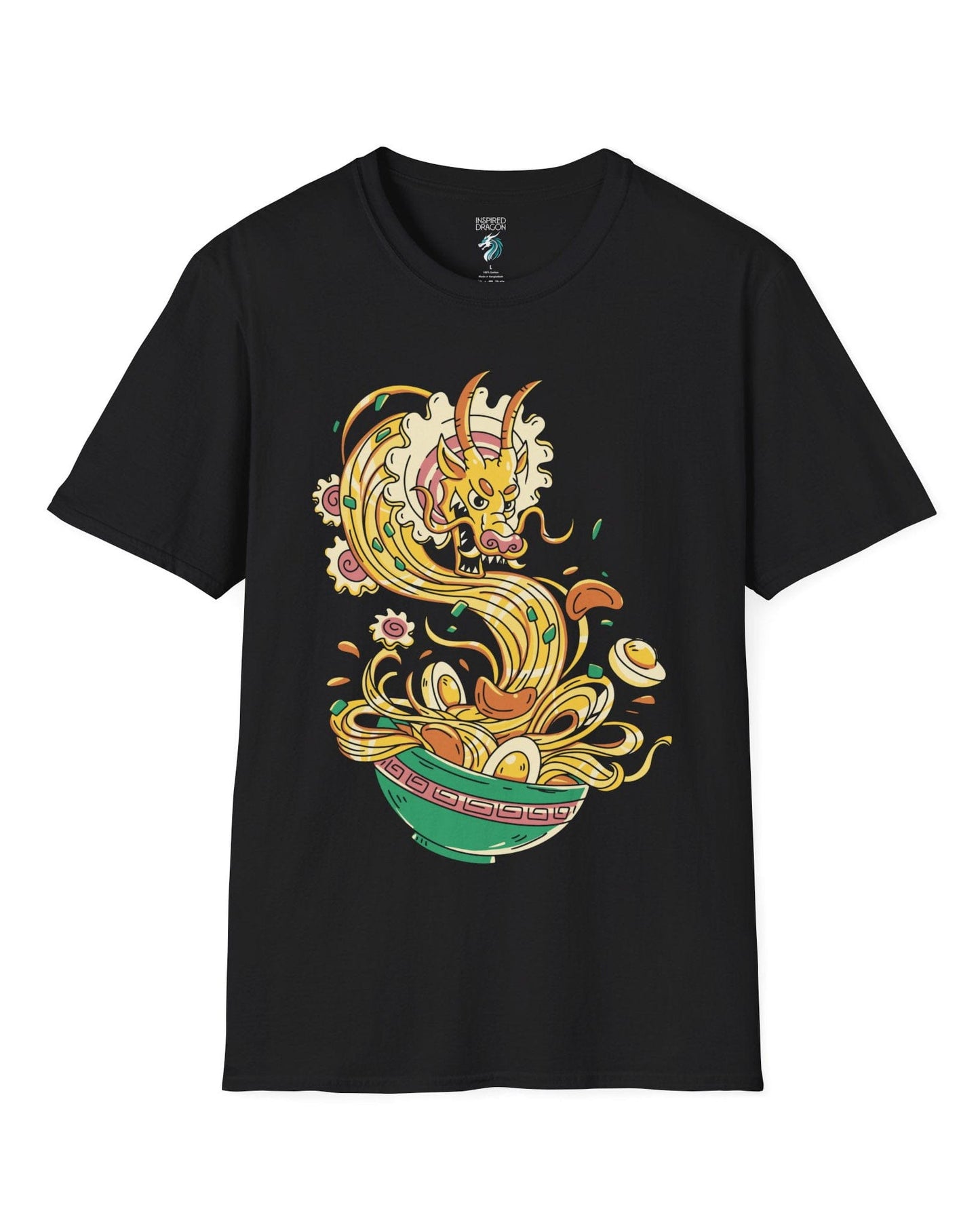 Ramen Rampage shirt in black featuring a fierce dragon bursting from a bowl of noodles, eggs, and toppings.