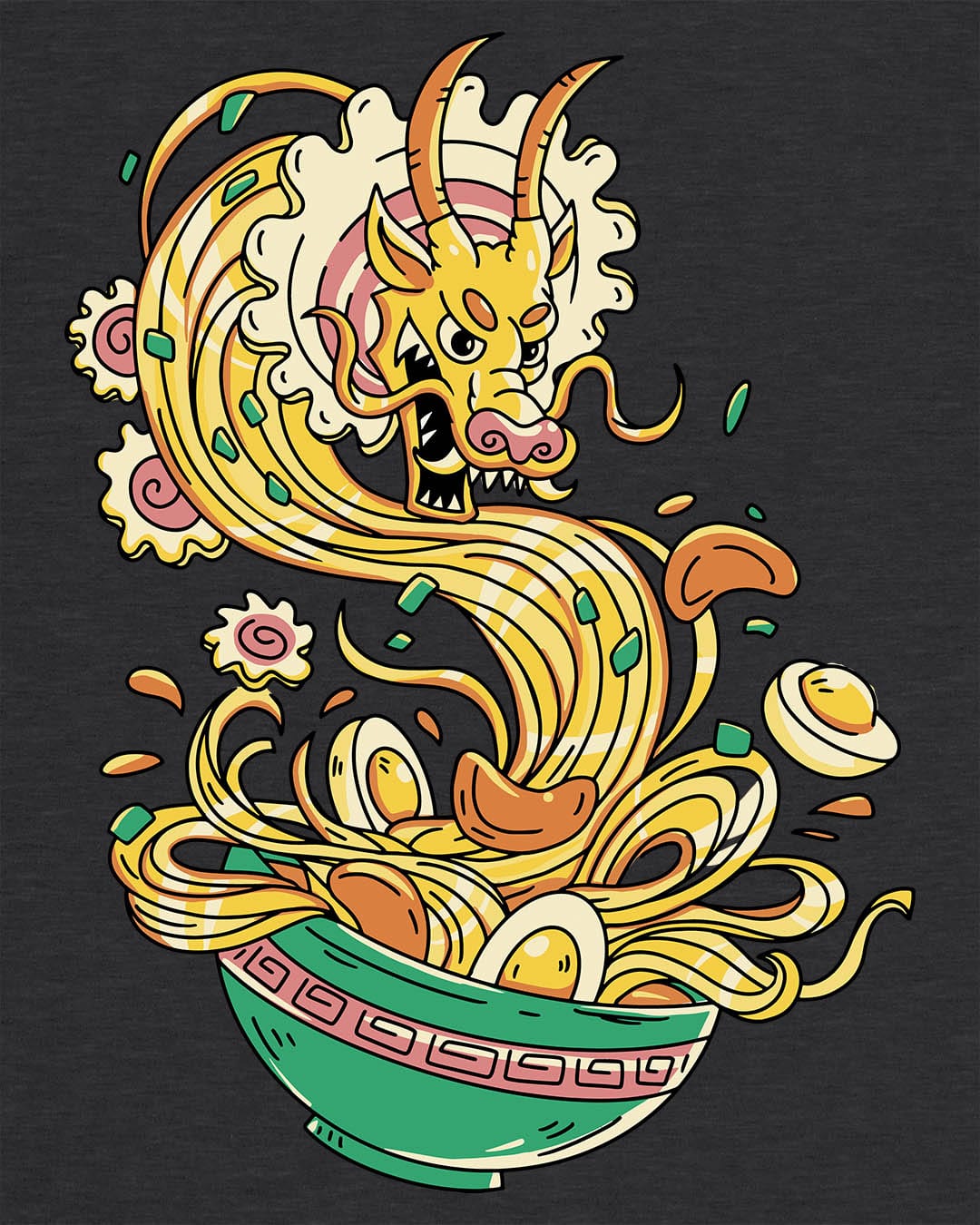 Ramen Rampage shirt in dark heather grey featuring a fierce dragon bursting from a bowl of noodles, eggs, and toppings.