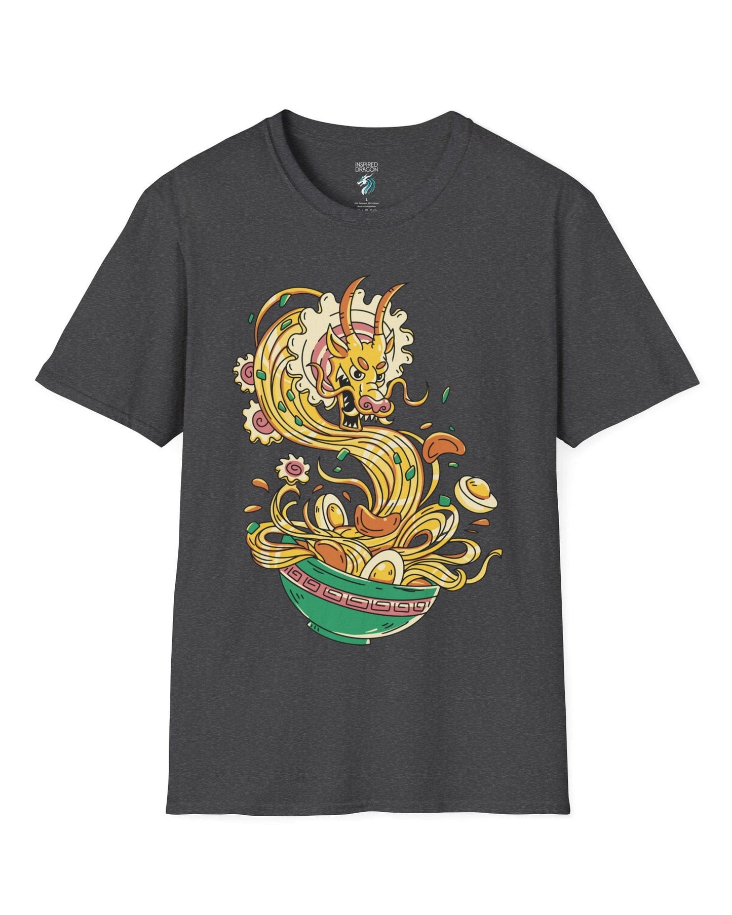 Ramen Rampage shirt in dark heather grey featuring a fierce dragon bursting from a bowl of noodles, eggs, and toppings.