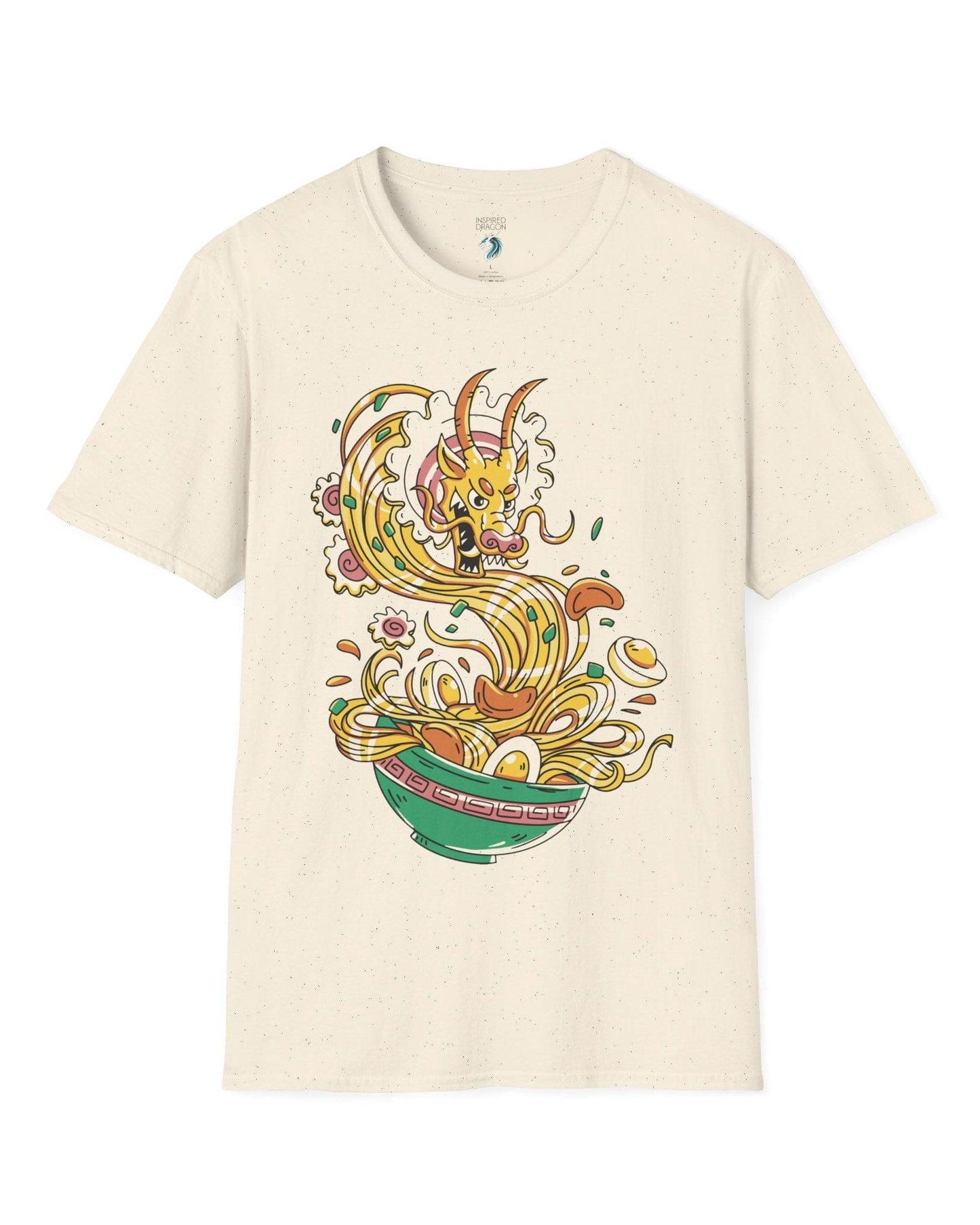 Ramen Rampage shirt in natural featuring a fierce dragon bursting from a bowl of noodles, eggs, and toppings.