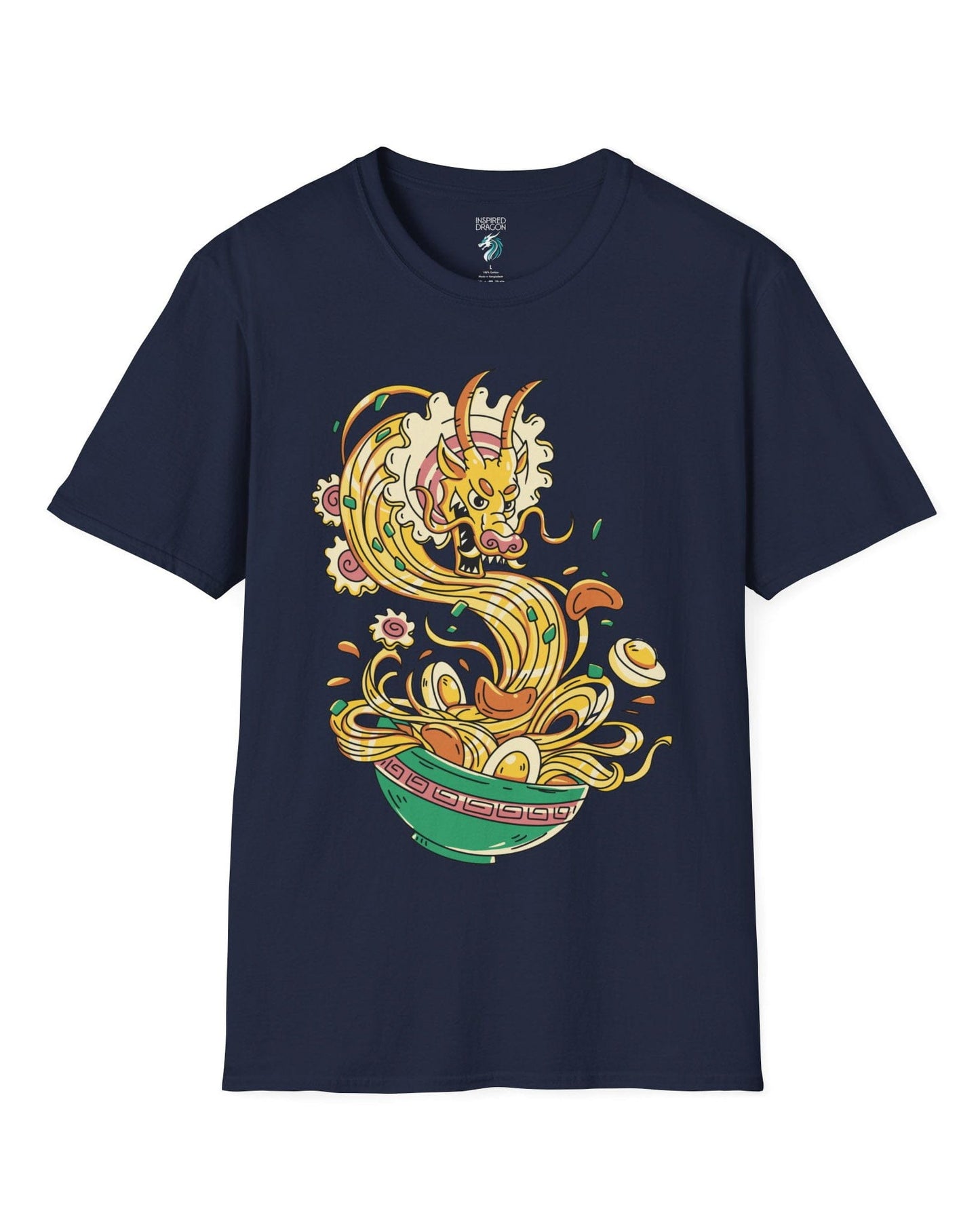Ramen Rampage shirt in navy featuring a fierce dragon bursting from a bowl of noodles, eggs, and toppings.