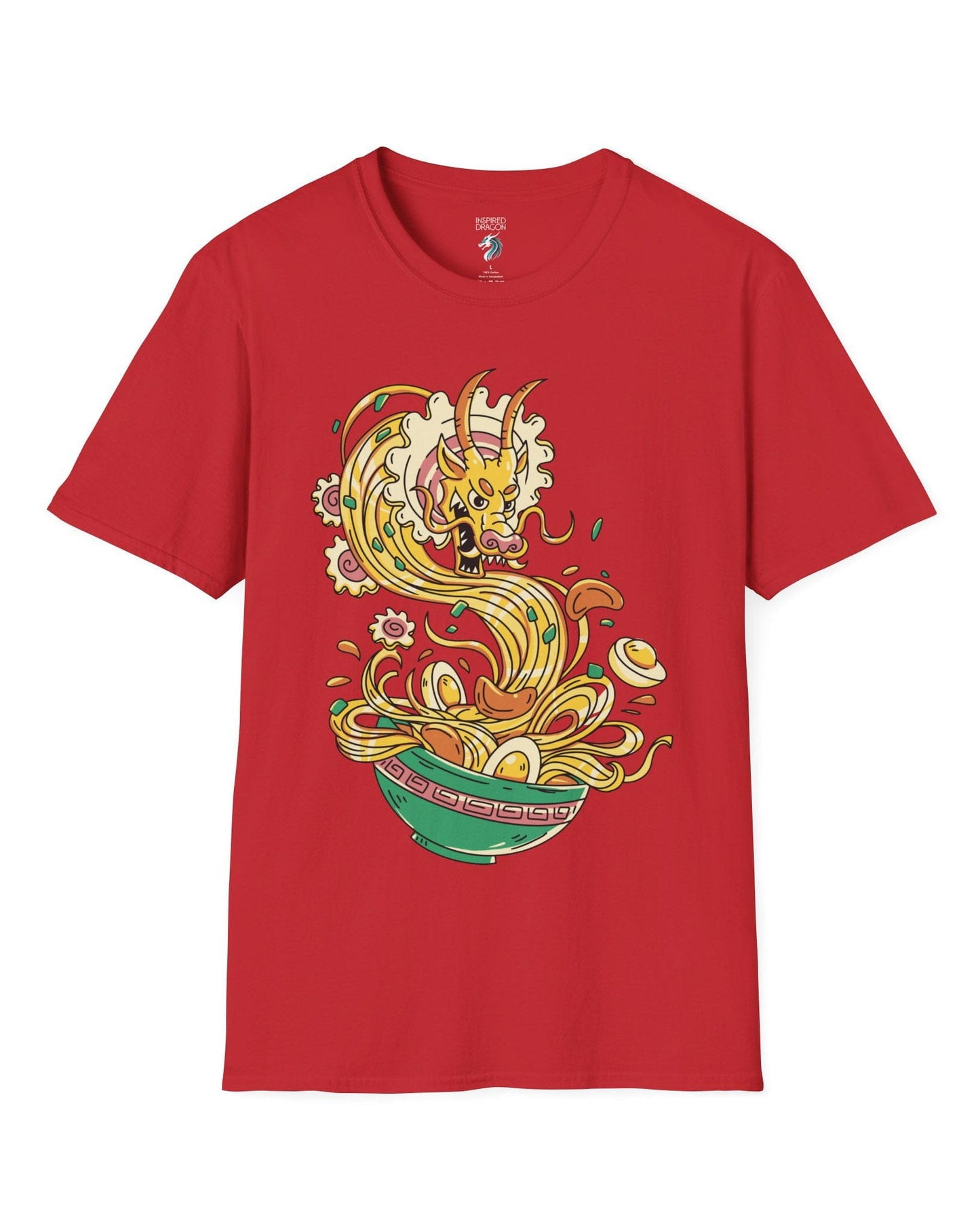 Ramen Rampage shirt in red featuring a fierce dragon bursting from a bowl of noodles, eggs, and toppings.