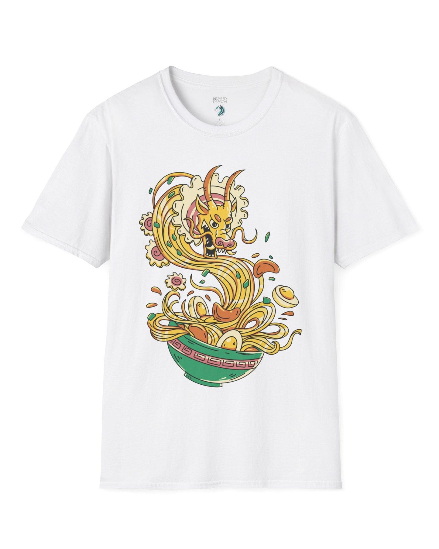 Ramen Rampage shirt in white featuring a fierce dragon bursting from a bowl of noodles, eggs, and toppings.