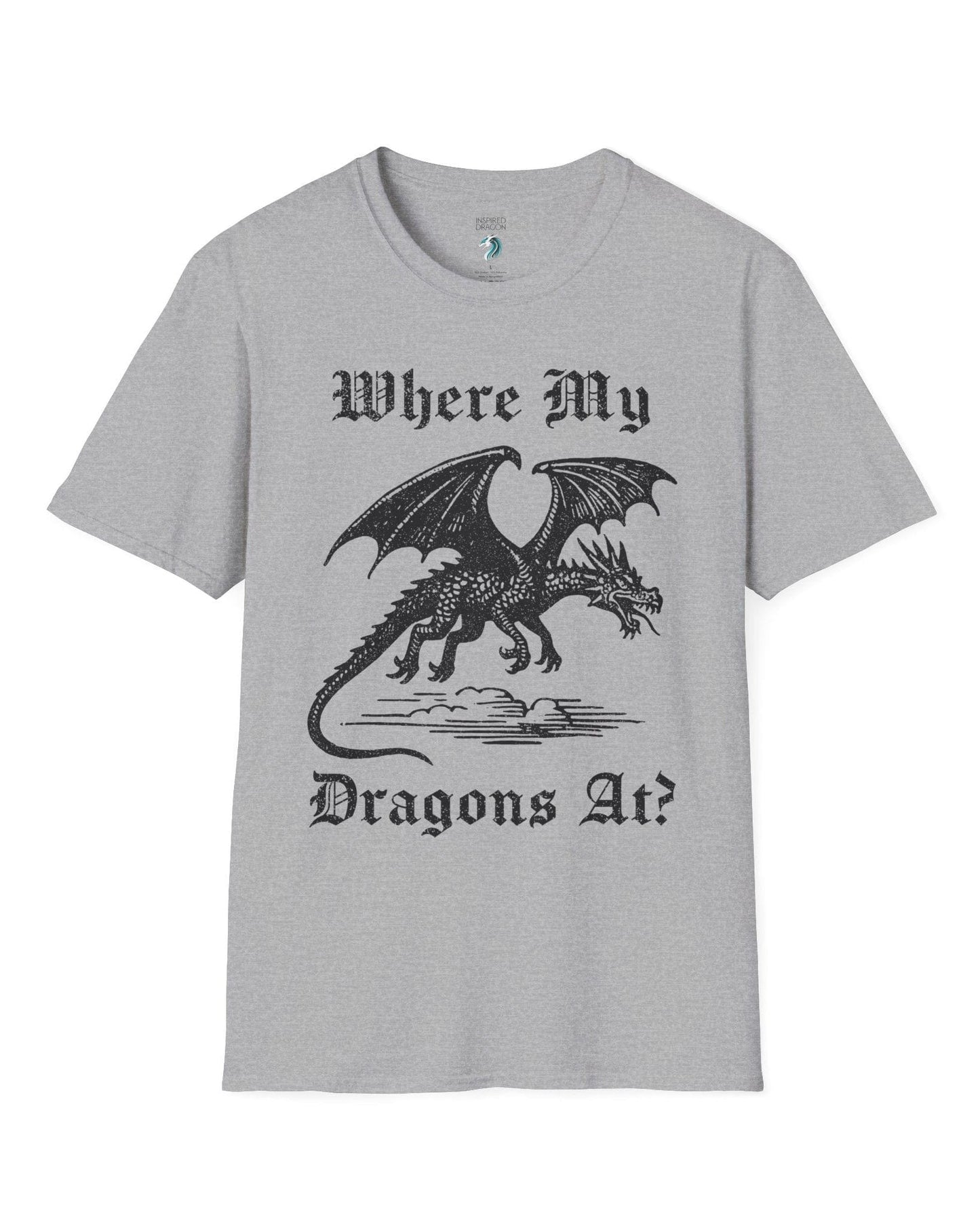Where My Dragons At shirt in sport grey featuring a bold vintage-style dragon flying above clouds in a medieval print style.