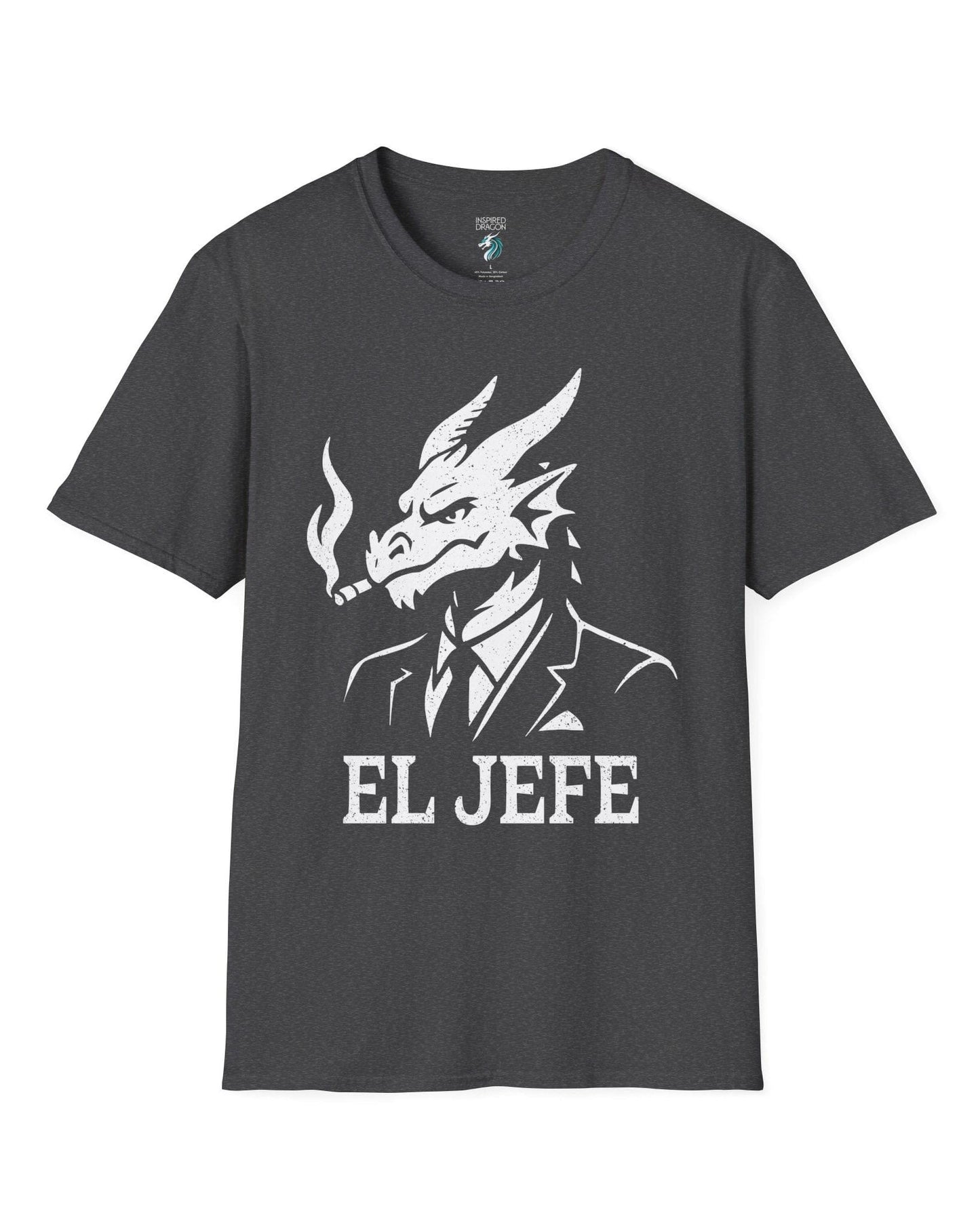 El Jefe shirt in dark heather grey featuring a dragon in a suit with a cigar, exuding cool, confident boss energy.