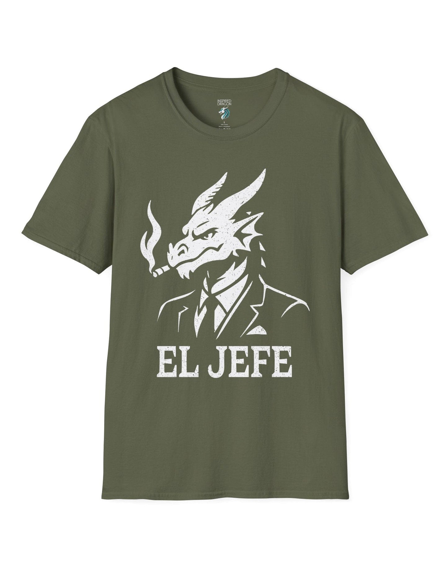 El Jefe shirt in military green featuring a dragon in a suit with a cigar, exuding cool, confident boss energy.