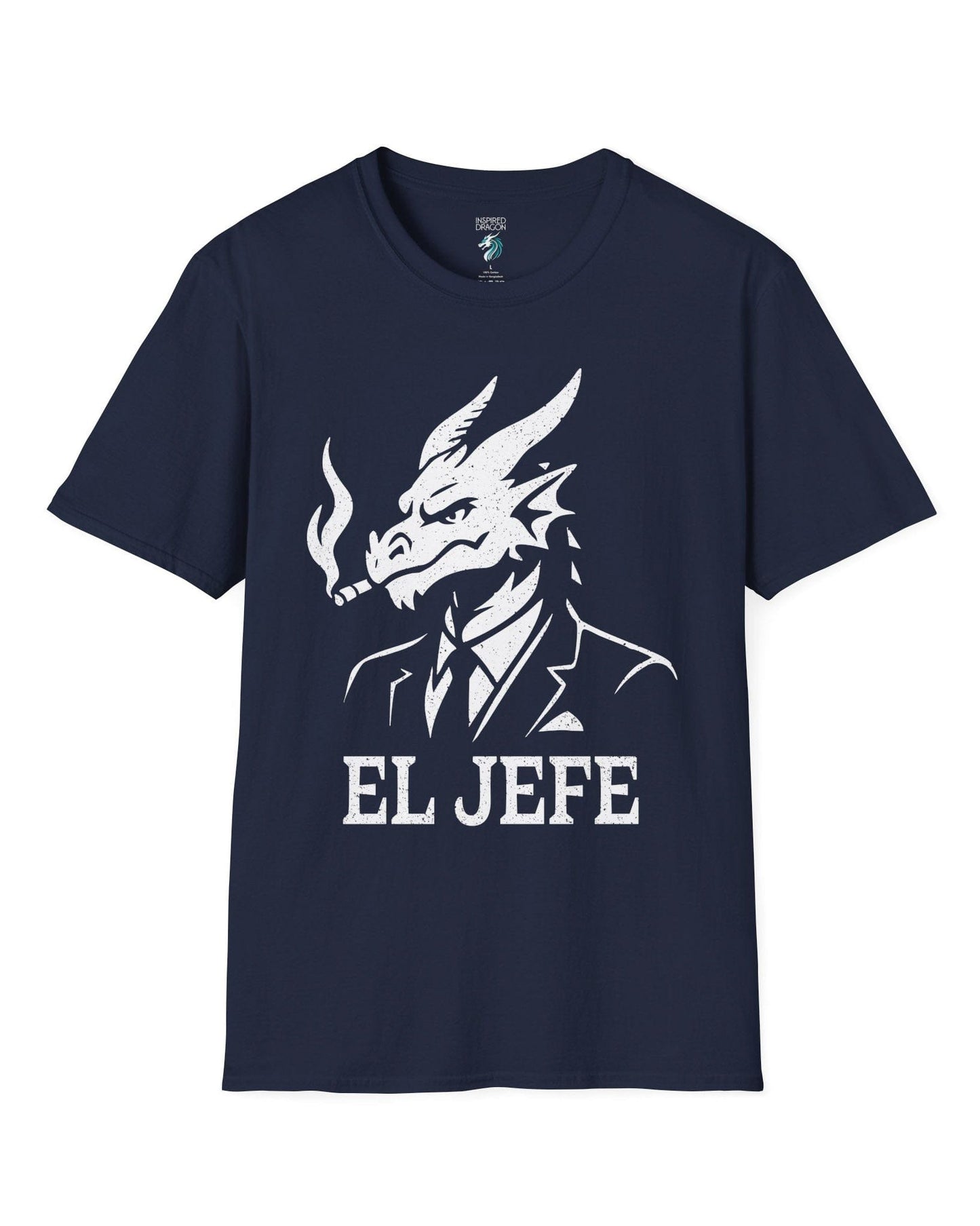 El Jefe shirt in navy featuring a dragon in a suit with a cigar, exuding cool, confident boss energy.