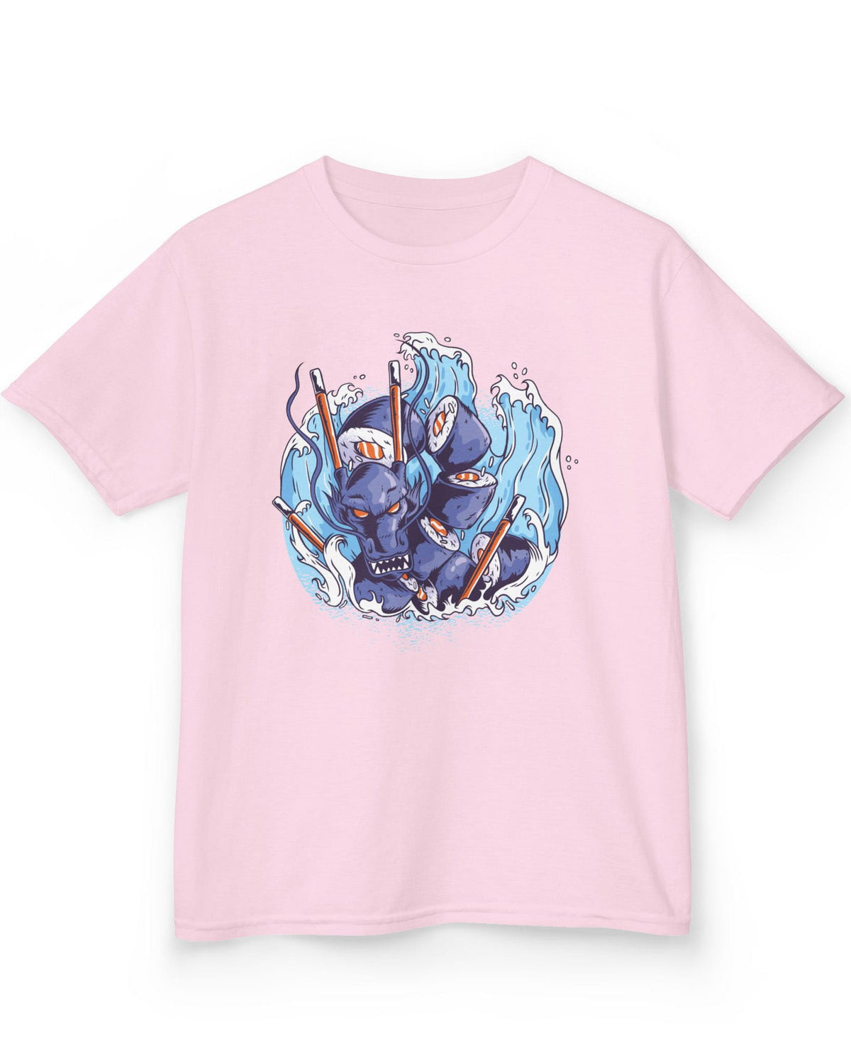 Sushi Storm shirt in light pink featuring a fierce dragon made of sushi rolls crashing through waves with chopsticks