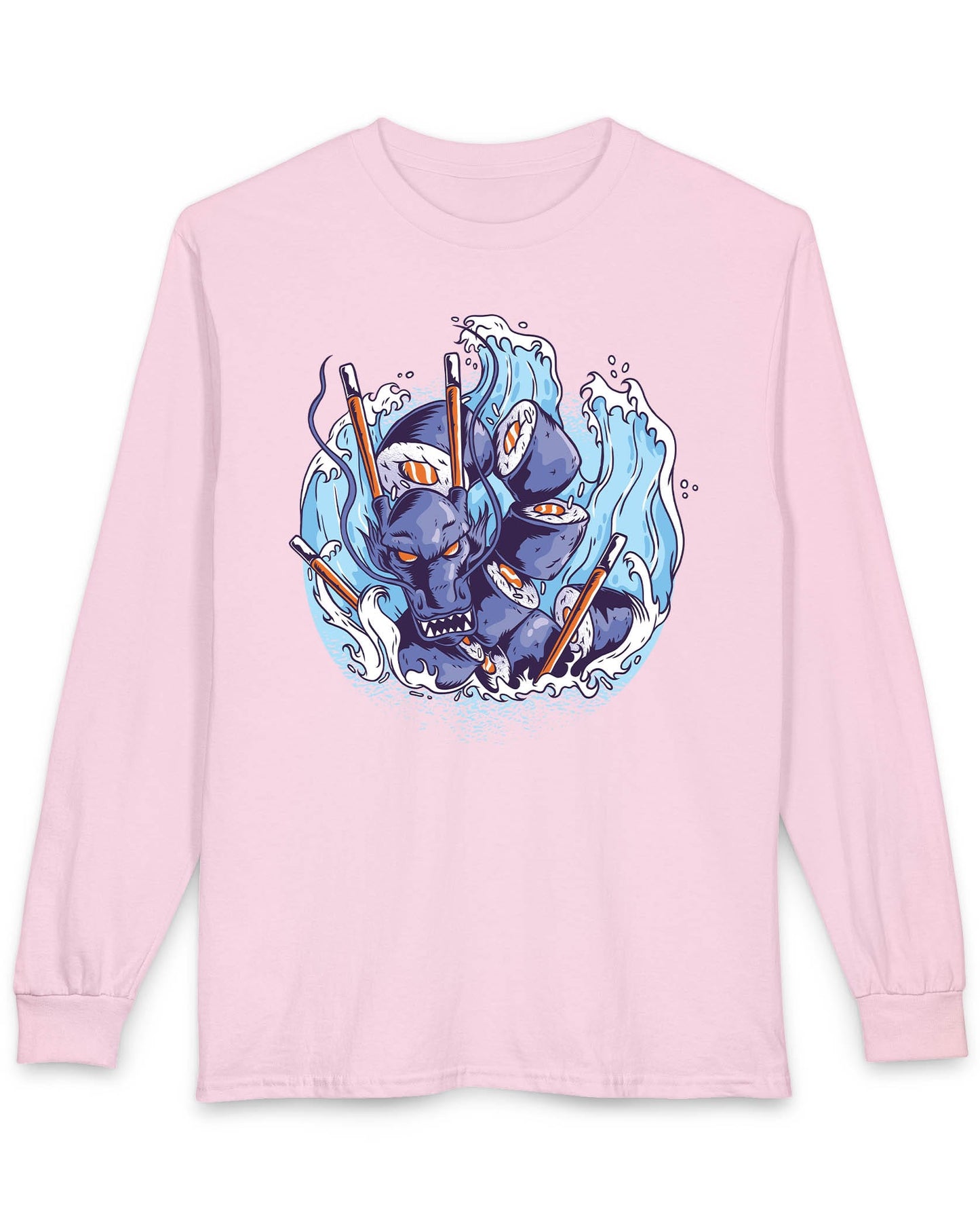 Sushi Storm shirt in light pink featuring a fierce dragon made of sushi rolls crashing through waves with chopsticks