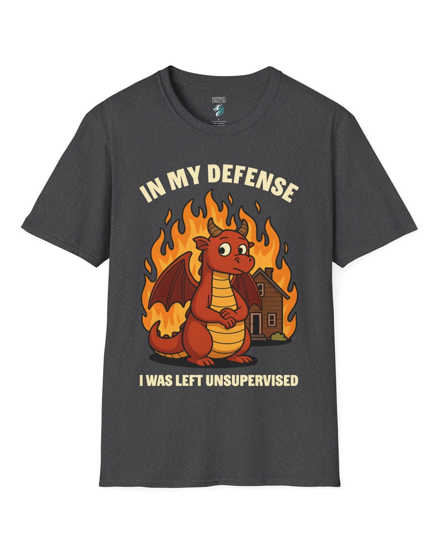 I Was Left Unsupervised shirt in dark heather grey featuring a guilty-looking dragon in front of a burning house.