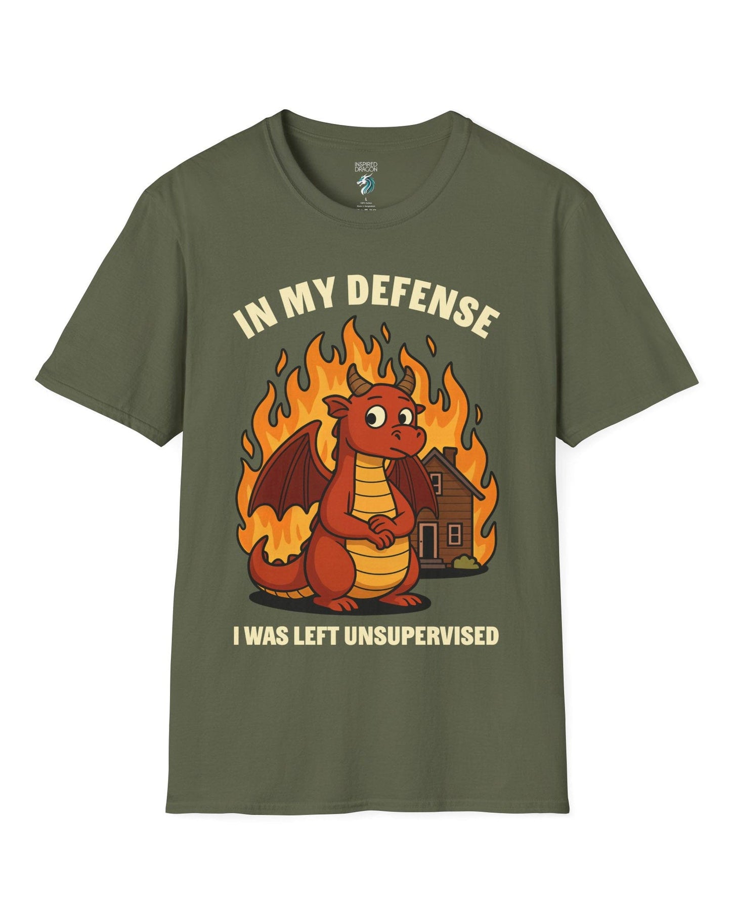 I Was Left Unsupervised shirt in military green featuring a guilty-looking dragon in front of a burning house.