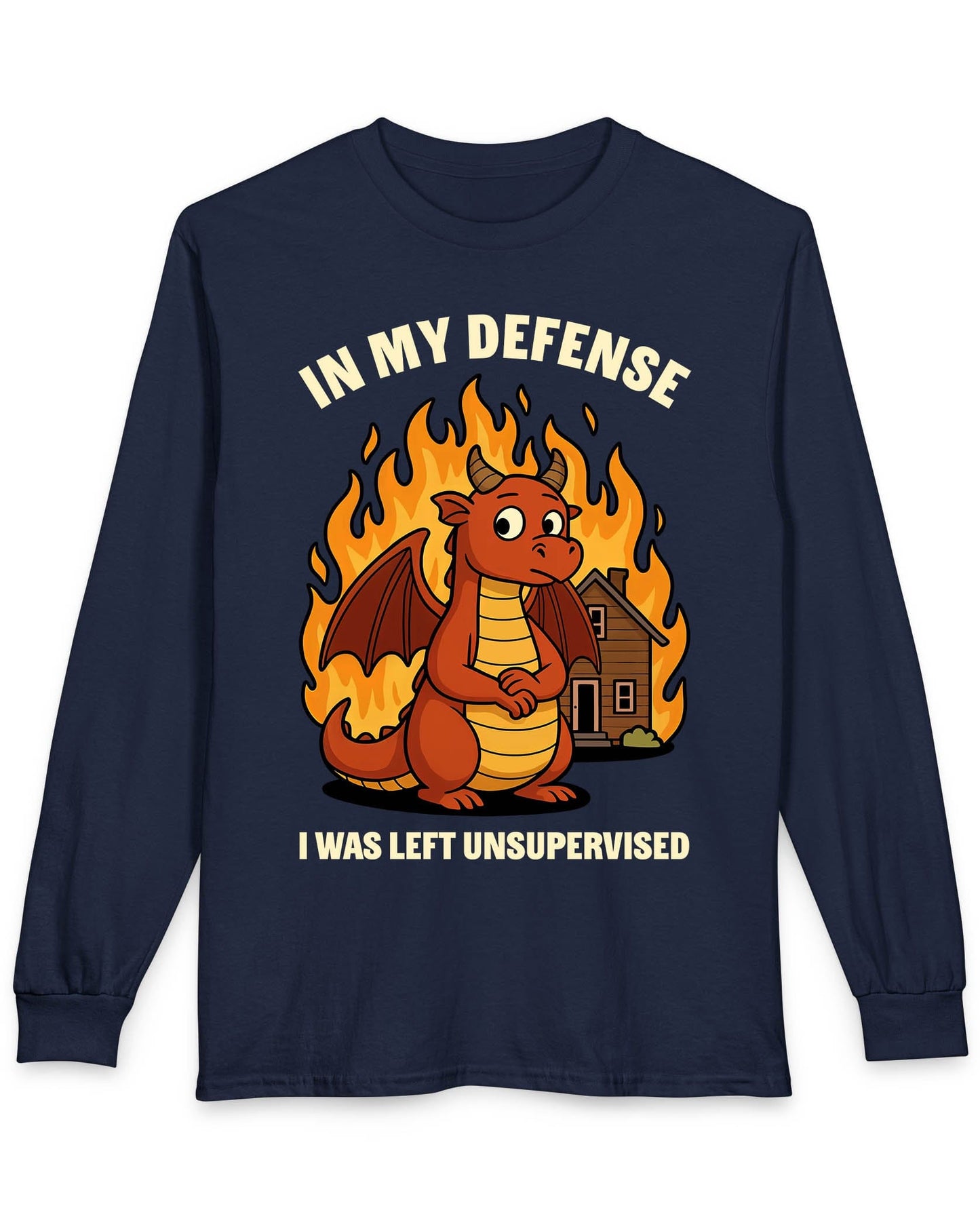 I Was Left Unsupervised shirt in navy featuring a guilty-looking red dragon in front of a burning house.