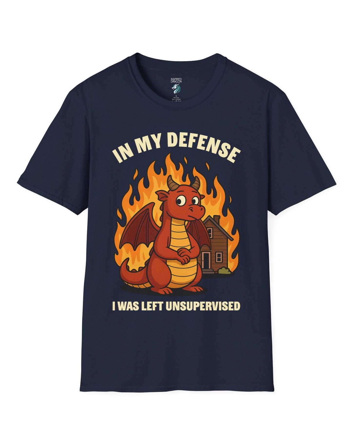 I Was Left Unsupervised shirt in navy featuring a guilty-looking dragon in front of a burning house.