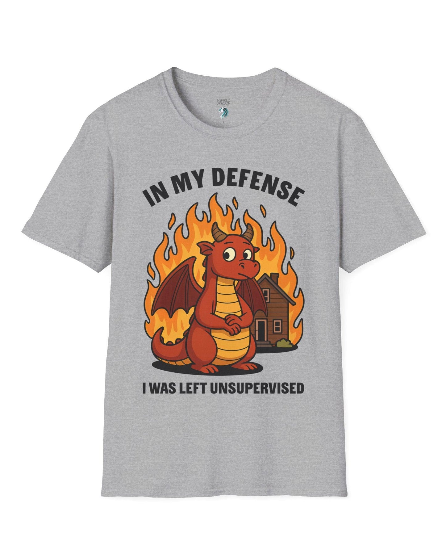 I Was Left Unsupervised shirt in sport grey featuring a guilty-looking dragon in front of a burning house.