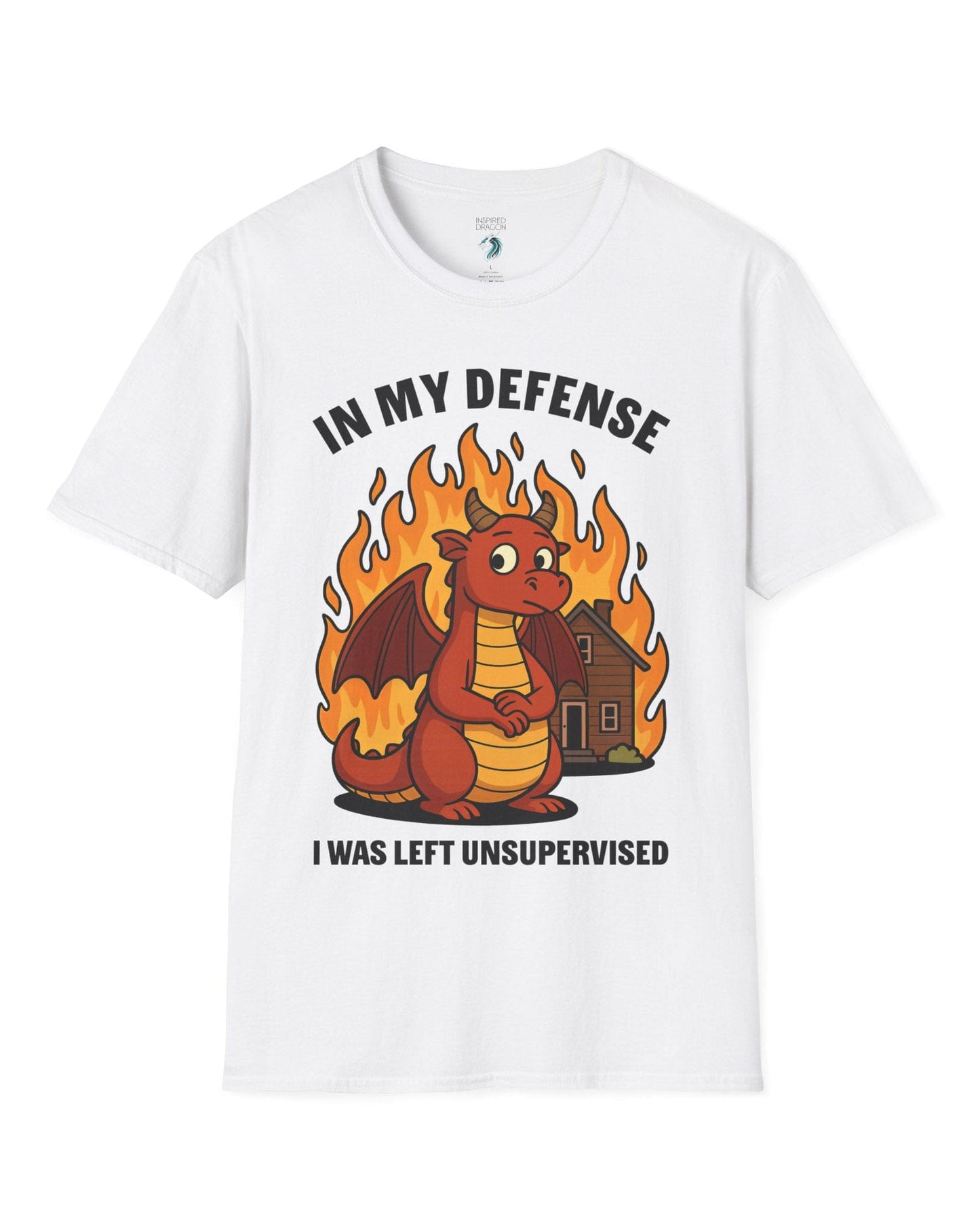 I Was Left Unsupervised shirt in white featuring a guilty-looking dragon in front of a burning house.