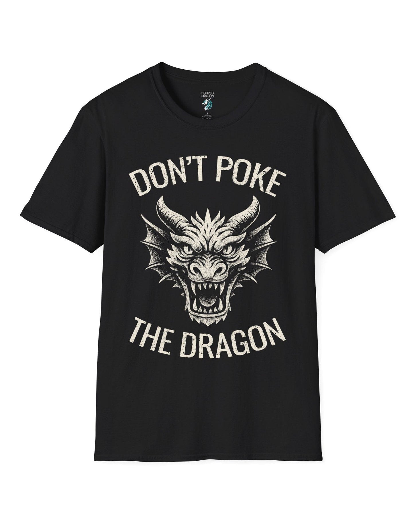 Don't Poke the Dragon shirt in black featuring distressed text and a fierce dragon head with a vintage style.