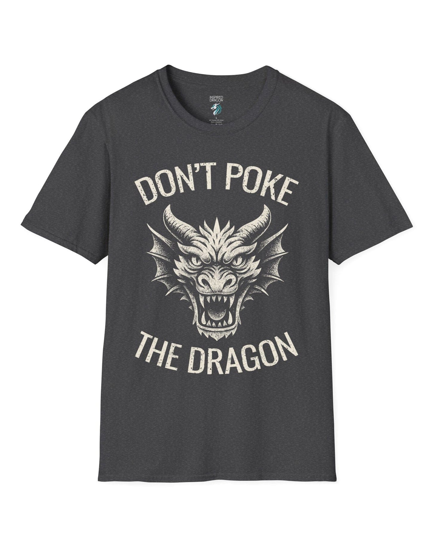Don't Poke the Dragon shirt in dark heather grey featuring distressed text and a fierce dragon head with a vintage style.