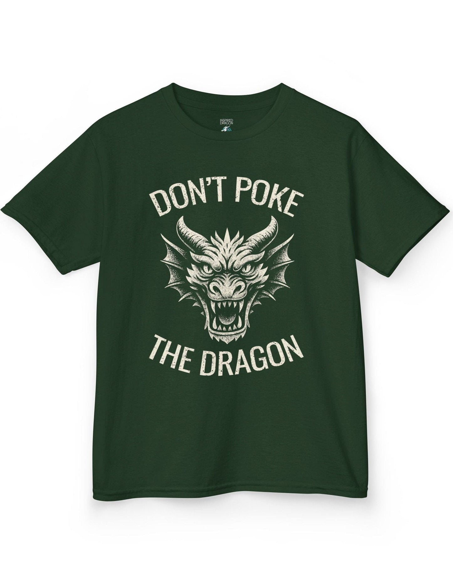 Don't Poke the Dragon shirt in forest green featuring distressed text and a fierce dragon head with a vintage style.