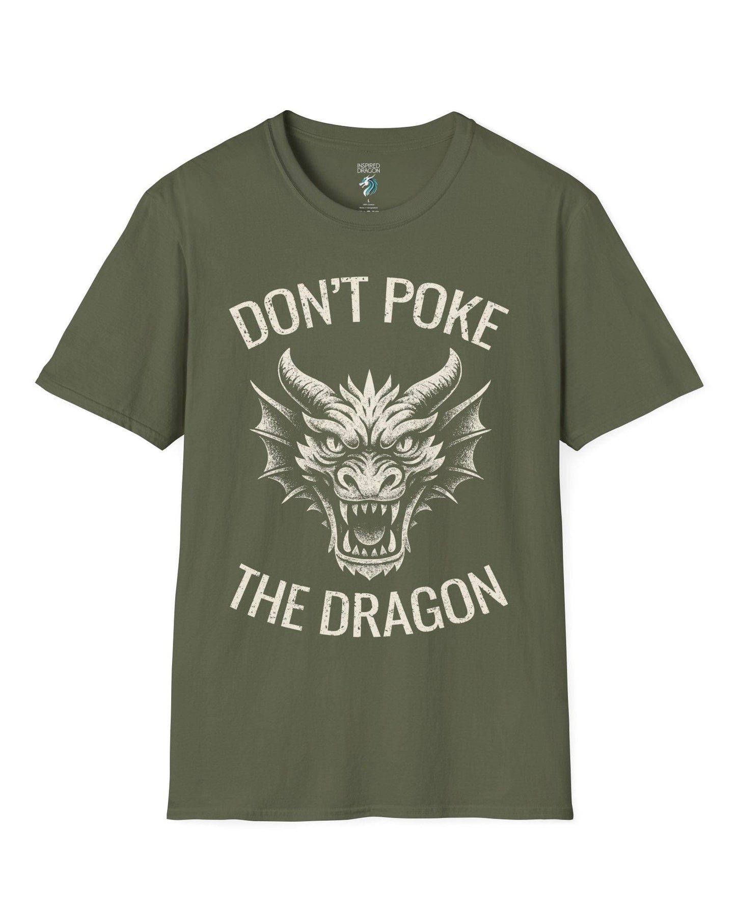 Don't Poke the Dragon shirt in military green featuring distressed text and a fierce dragon head with a vintage style.