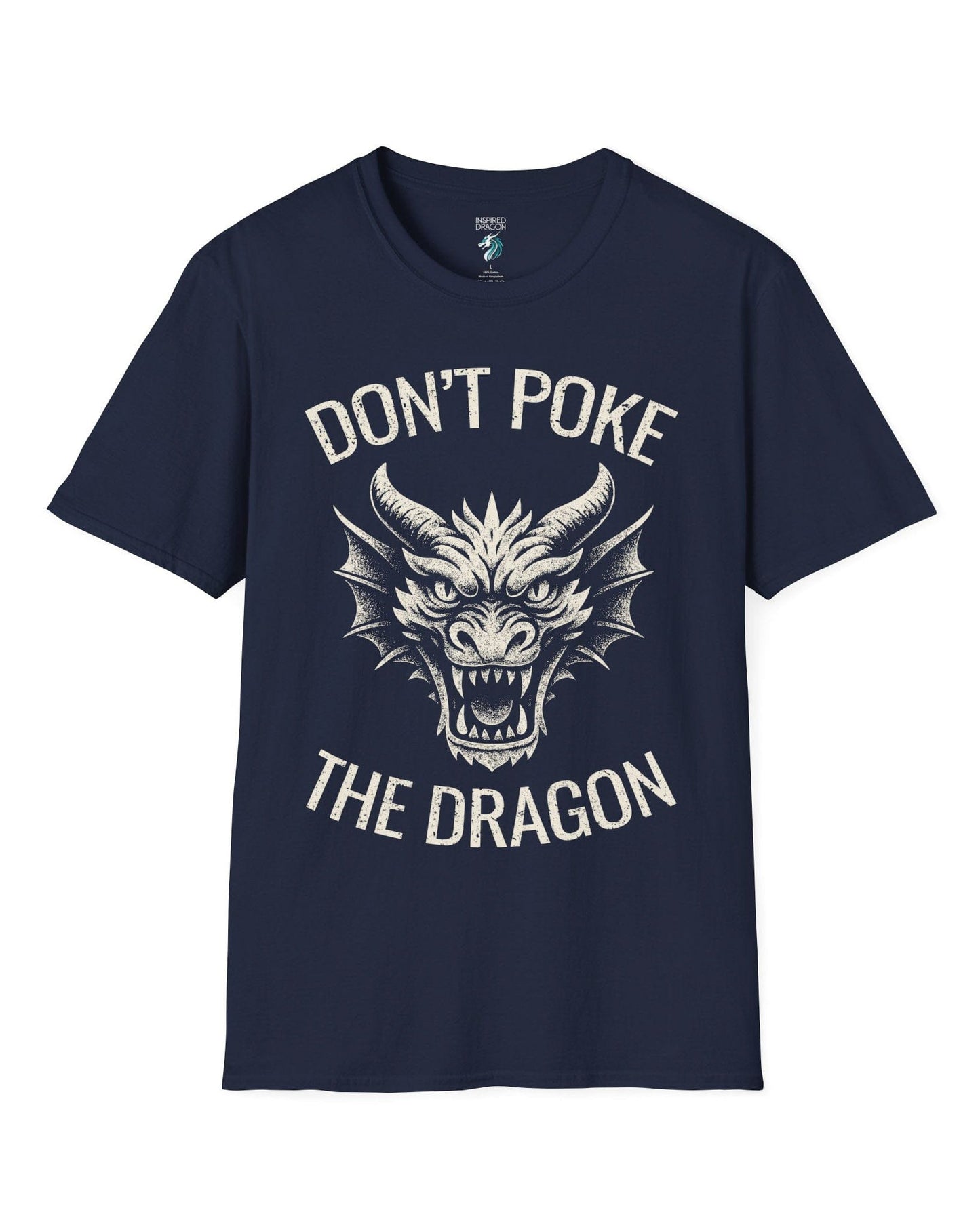 Don't Poke the Dragon shirt in navy featuring distressed text and a fierce dragon head with a vintage style.