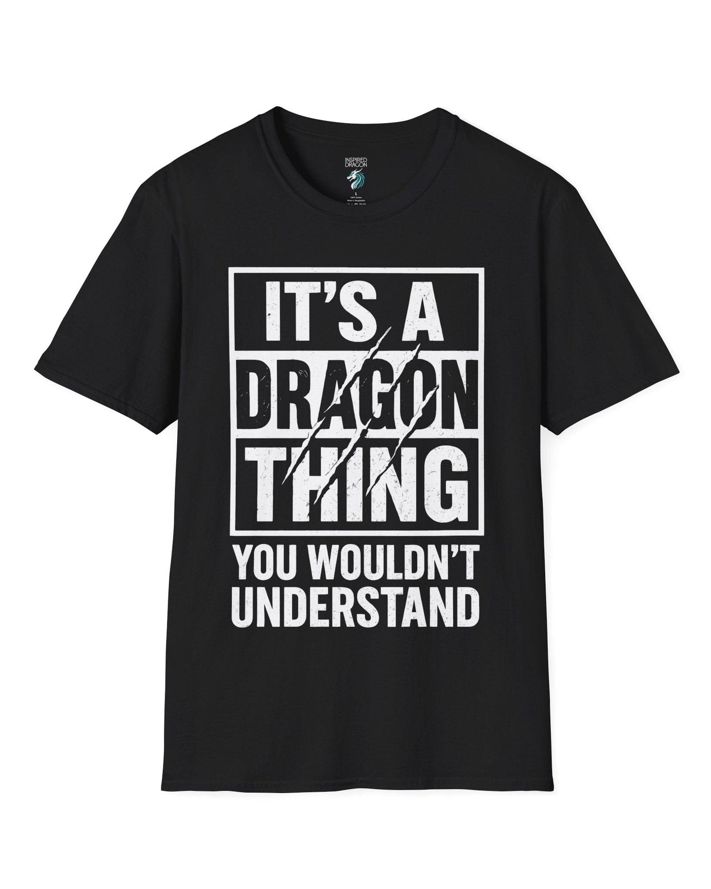 It's a Dragon Thing shirt in black featuring bold distressed text with claw marks slashing through the design.