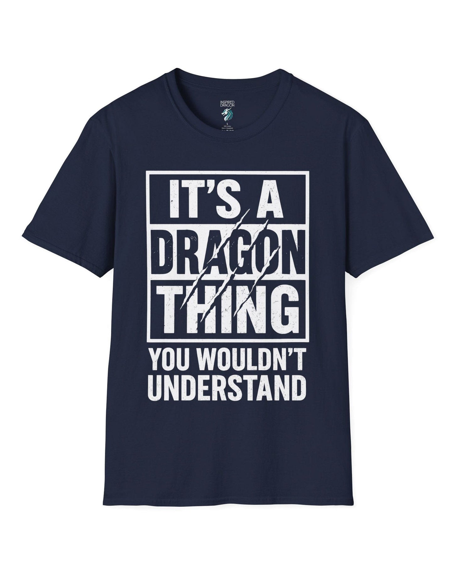 It's a Dragon Thing shirt in navy featuring bold distressed text with claw marks slashing through the design.