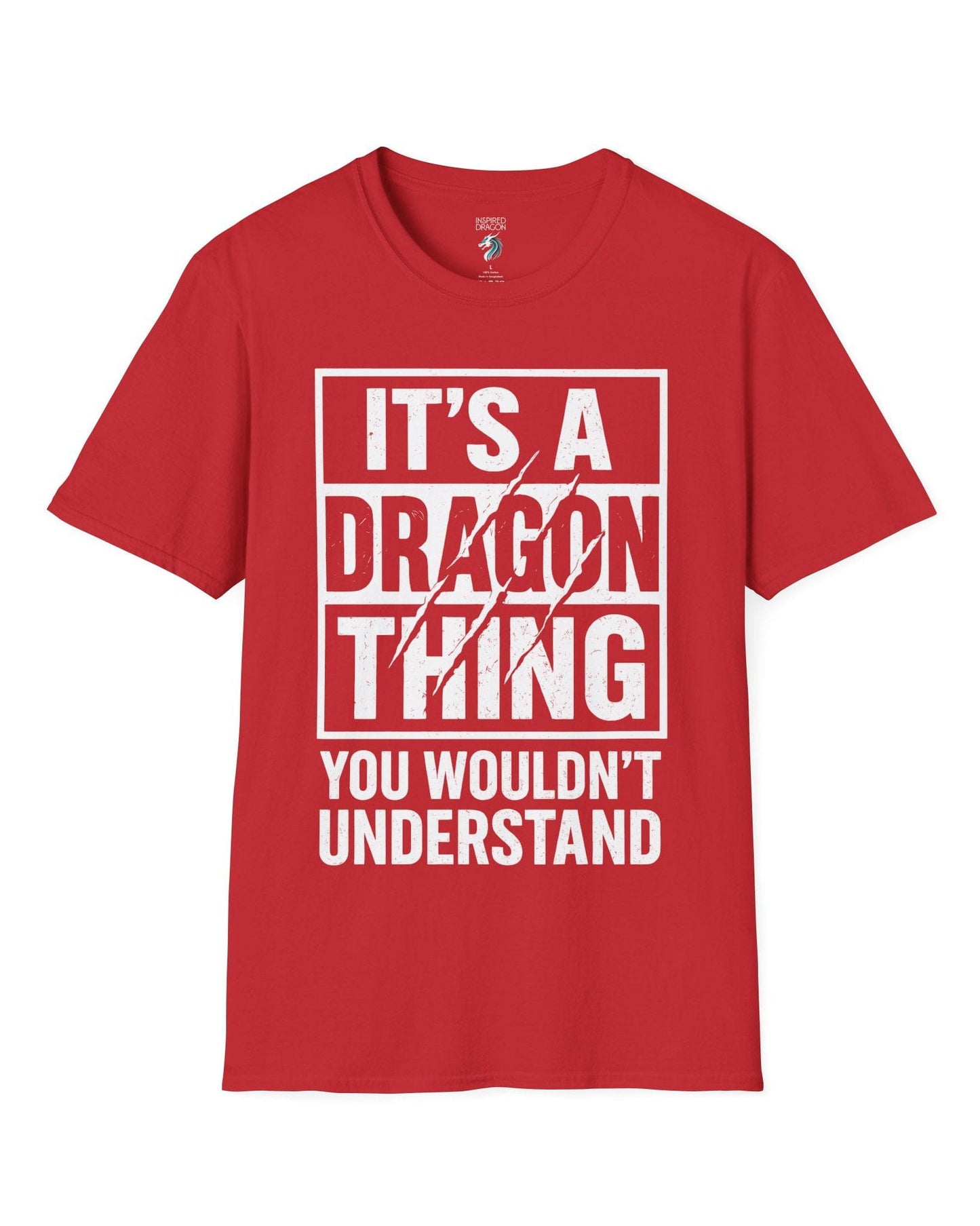 It's a Dragon Thing shirt in red featuring bold distressed text with claw marks slashing through the design.