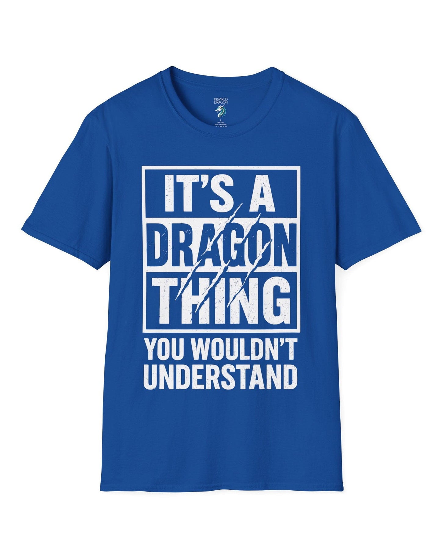 It's a Dragon Thing shirt in royal blue featuring bold distressed text with claw marks slashing through the design.