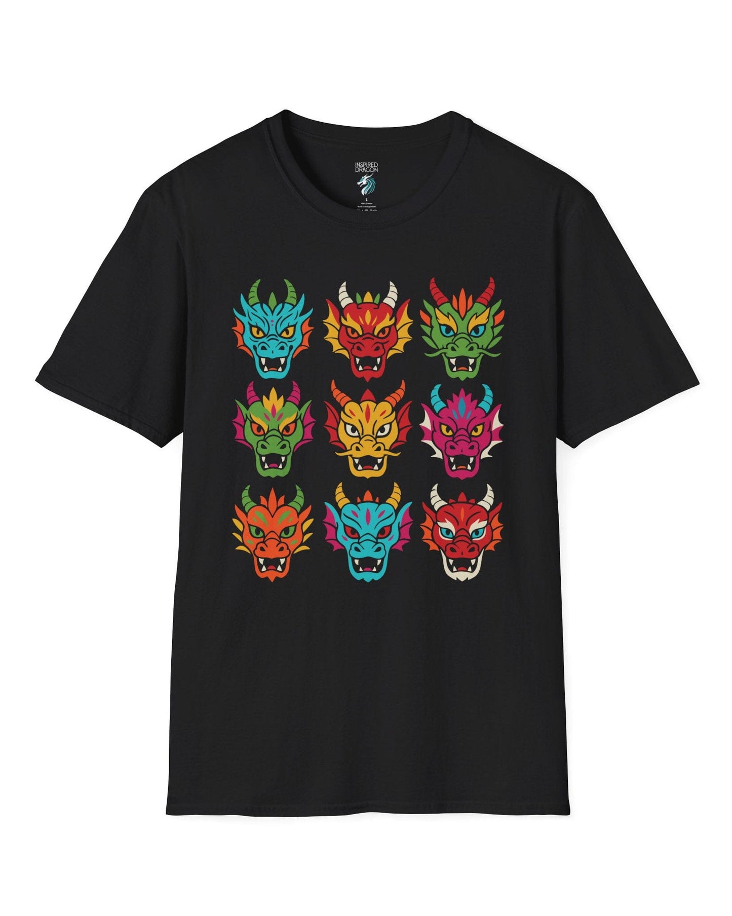 Scale Syndicate shirt in black featuring nine colorful dragon heads with bold expressions and stylized flair.