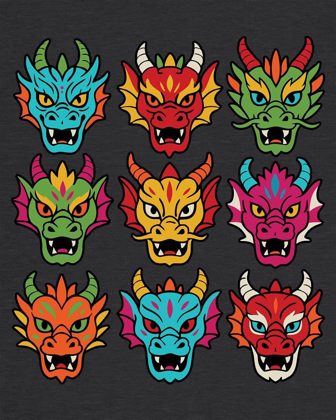 Scale Syndicate shirt in dark heather grey featuring nine colorful dragon heads with bold expressions and stylized flair.