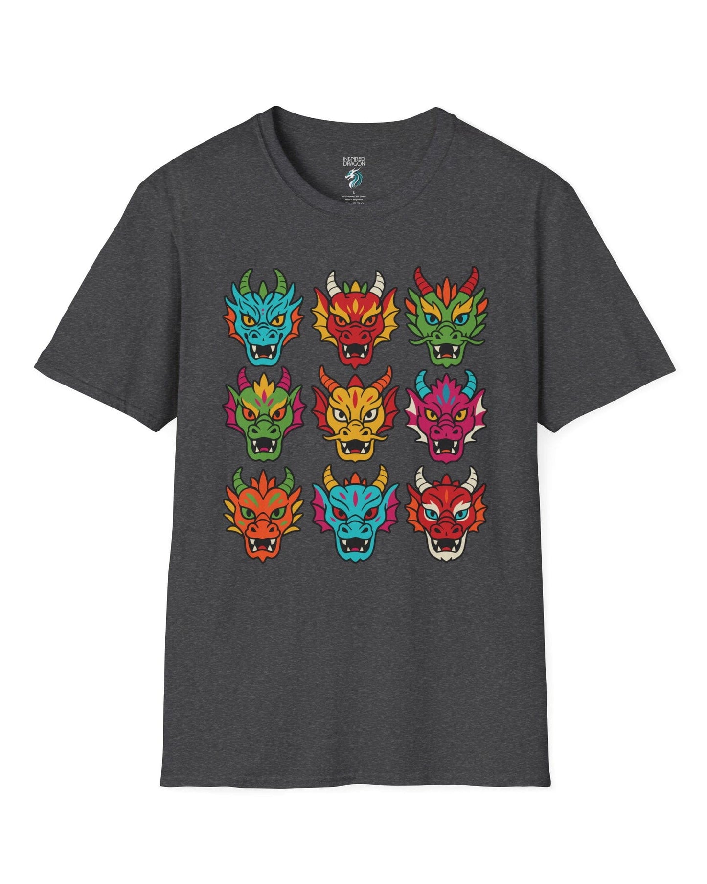 Scale Syndicate shirt in dark heather grey featuring nine colorful dragon heads with bold expressions and stylized flair.