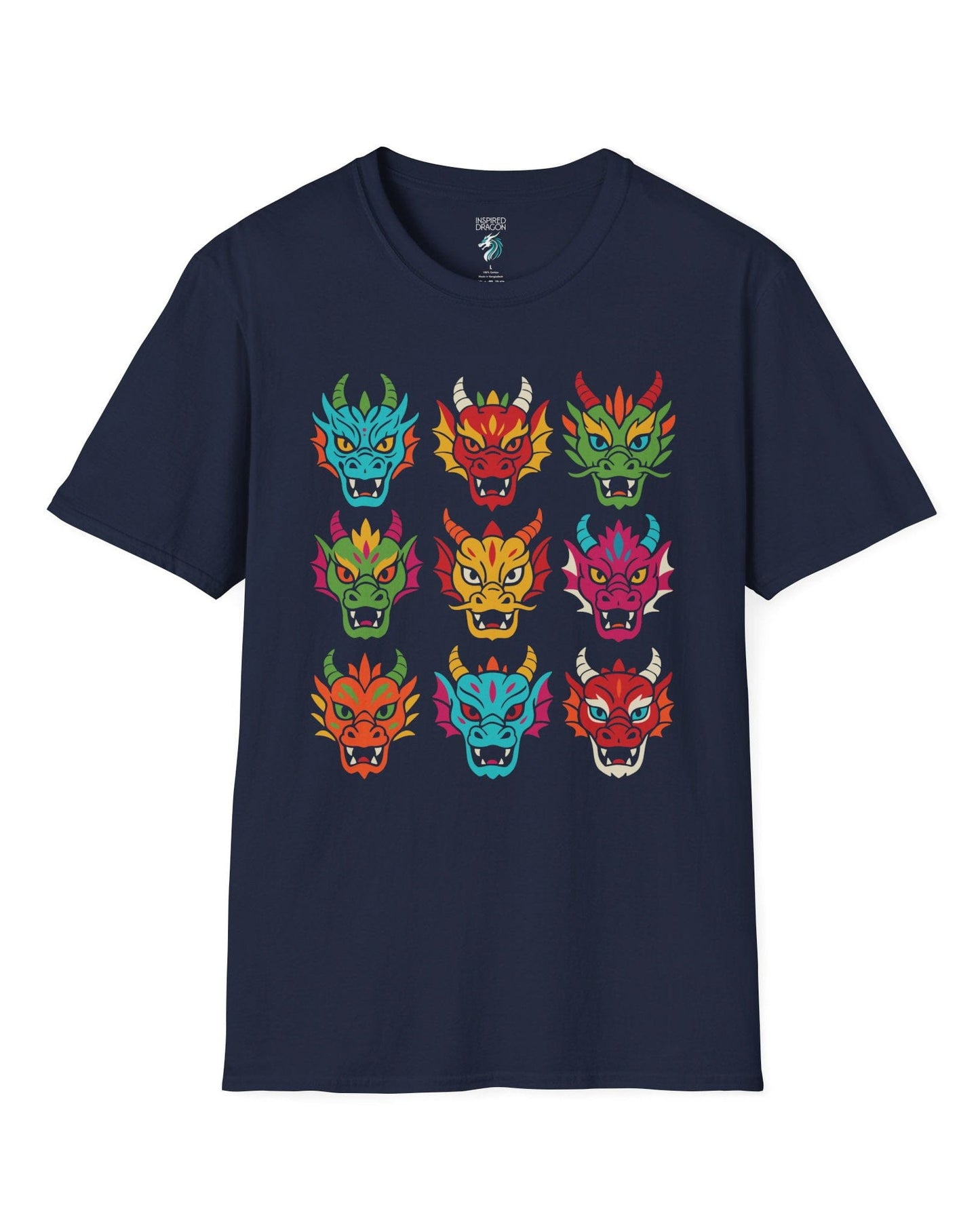 Scale Syndicate shirt in navy featuring nine colorful dragon heads with bold expressions and stylized flair.