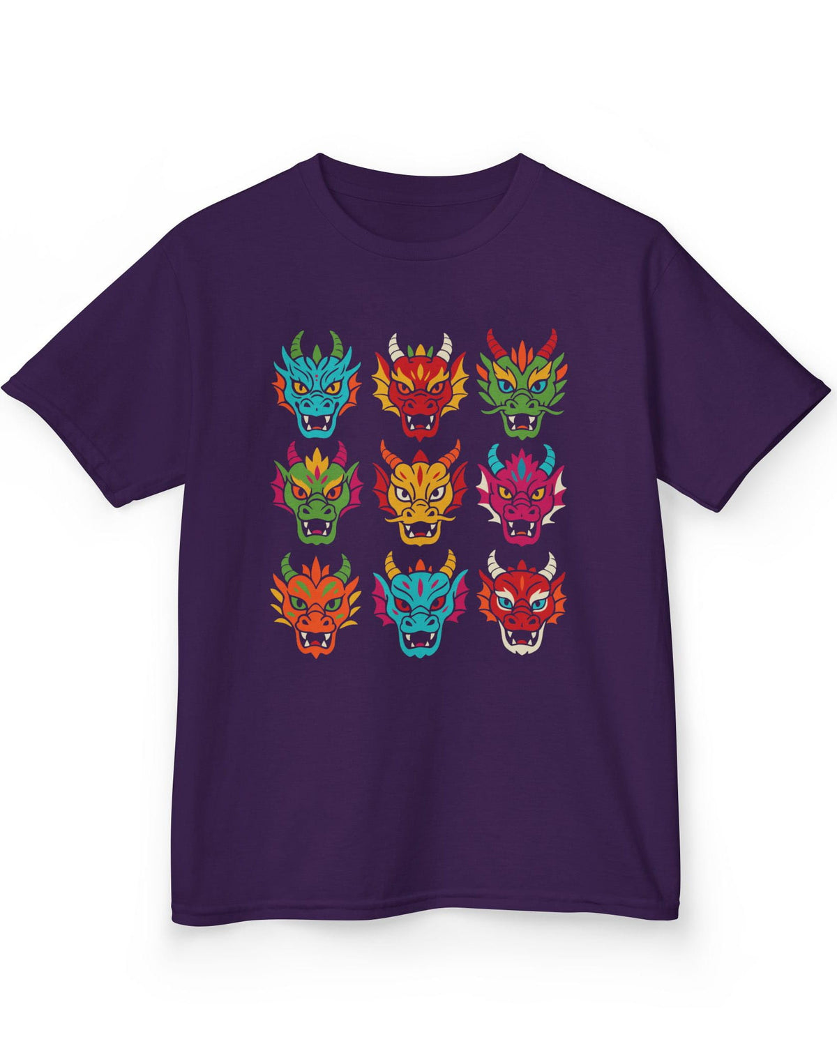 Scale Syndicate shirt in purple featuring nine colorful dragon heads with bold expressions and stylized flair
