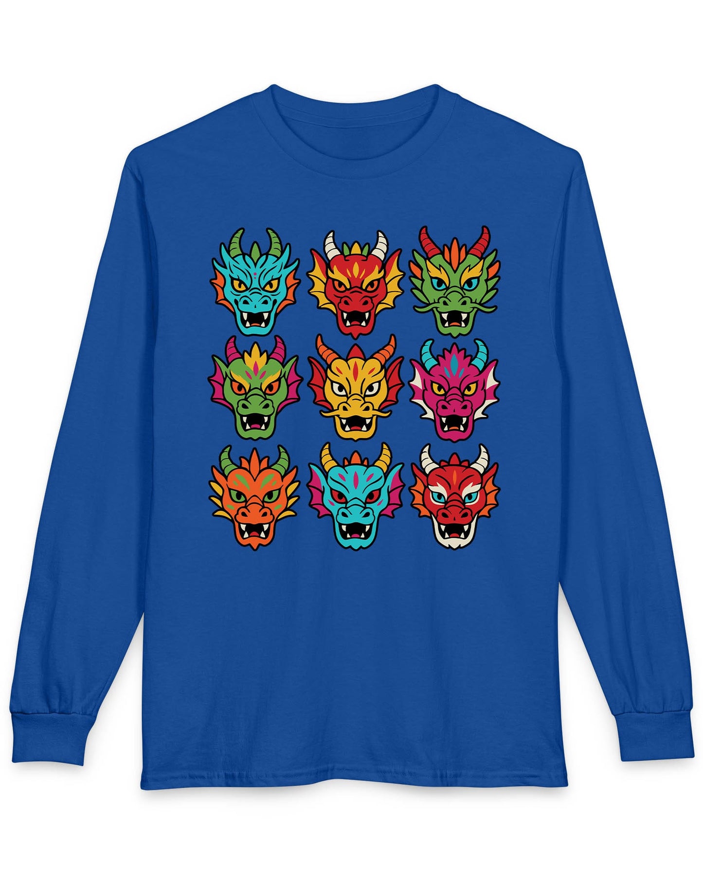 Scale Syndicate shirt in royal blue featuring nine colorful dragon heads with bold expressions and stylized flair