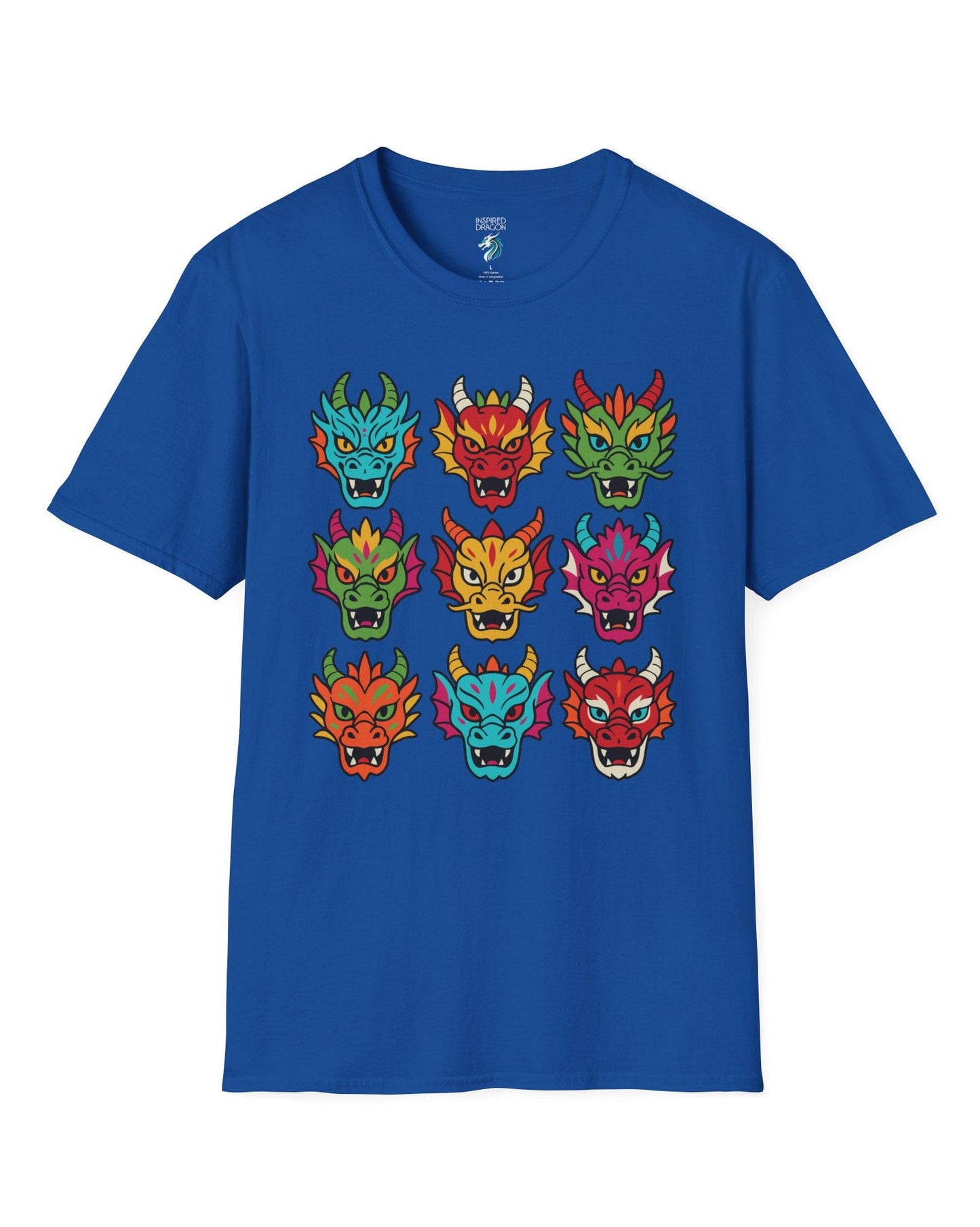 Scale Syndicate shirt in royal blue featuring nine colorful dragon heads with bold expressions and stylized flair.