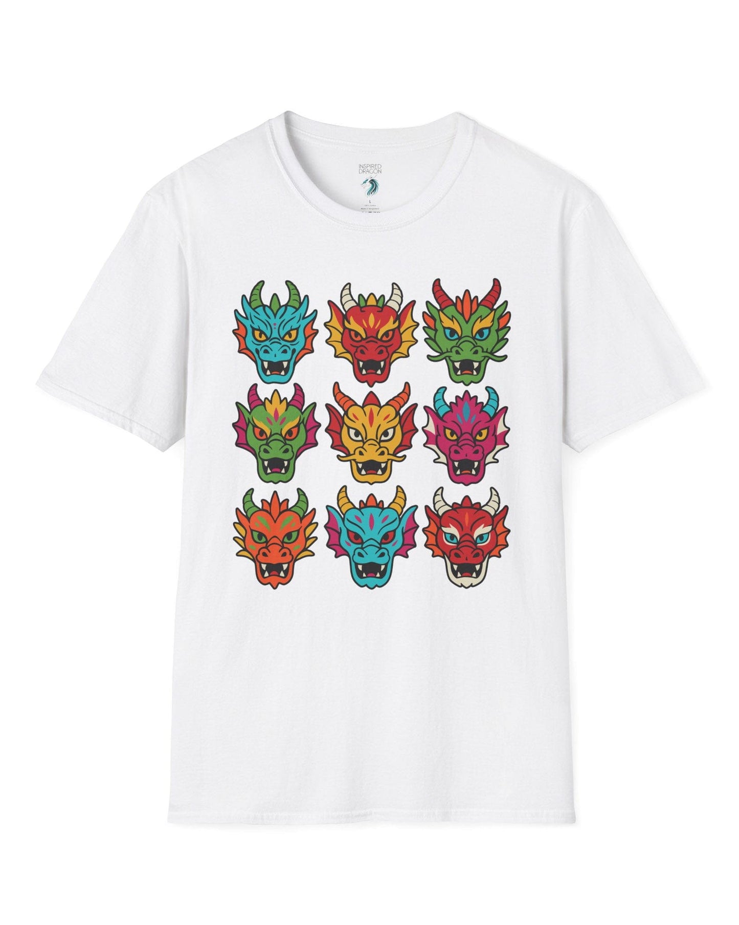 Scale Syndicate shirt in white featuring nine colorful dragon heads with bold expressions and stylized flair.