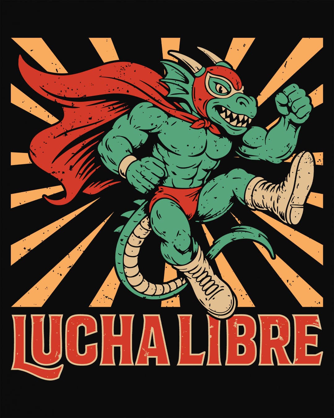 Lucha Libre Dragon shirt in black featuring a masked dragon wrestler, mid-leap with dynamic sunburst backdrop.