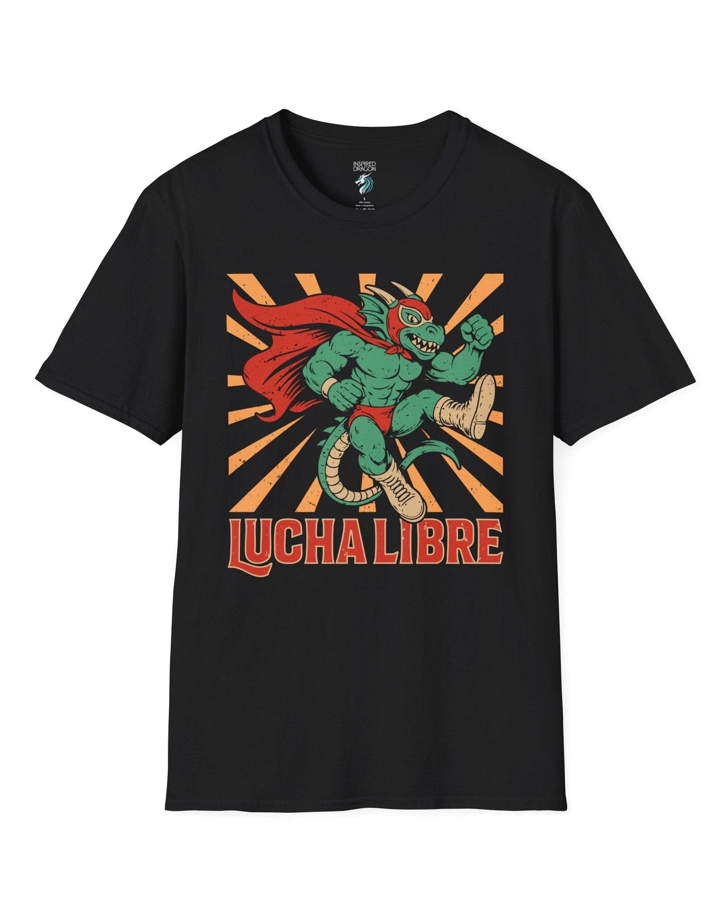 Lucha Libre Dragon shirt in black featuring a masked dragon wrestler, mid-leap with dynamic sunburst backdrop.