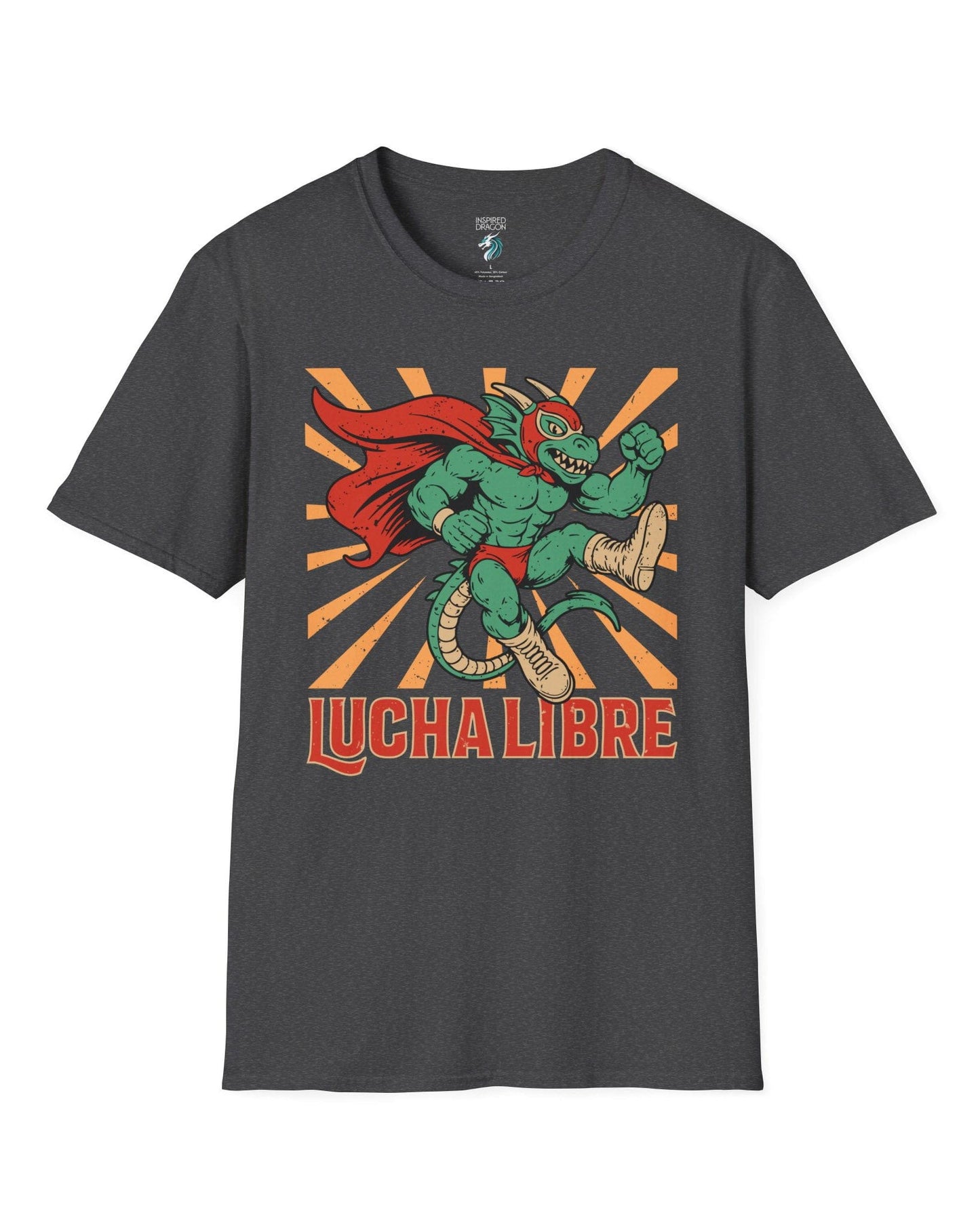 Lucha Libre Dragon shirt in dark heather grey featuring a masked dragon wrestler, mid-leap with dynamic sunburst backdrop.