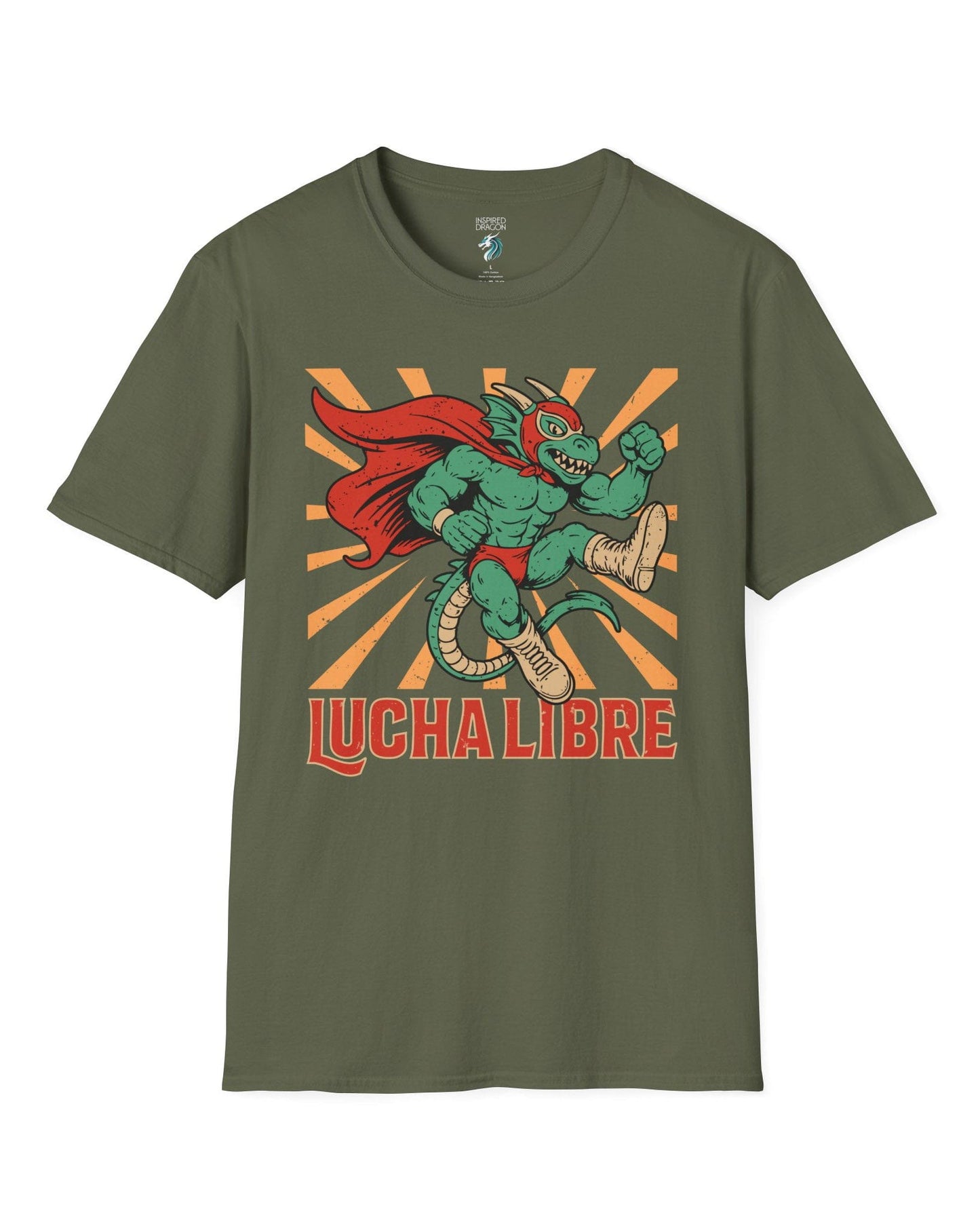 Lucha Libre Dragon shirt in military green featuring a masked dragon wrestler, mid-leap with dynamic sunburst backdrop.