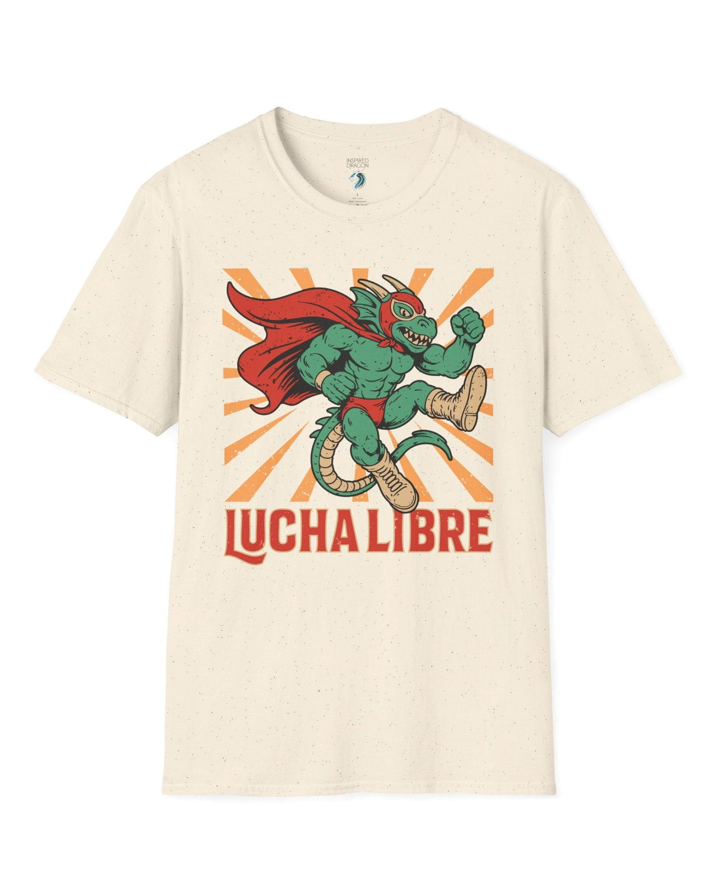 Lucha Libre Dragon shirt in natural featuring a masked dragon wrestler, mid-leap with dynamic sunburst backdrop.
